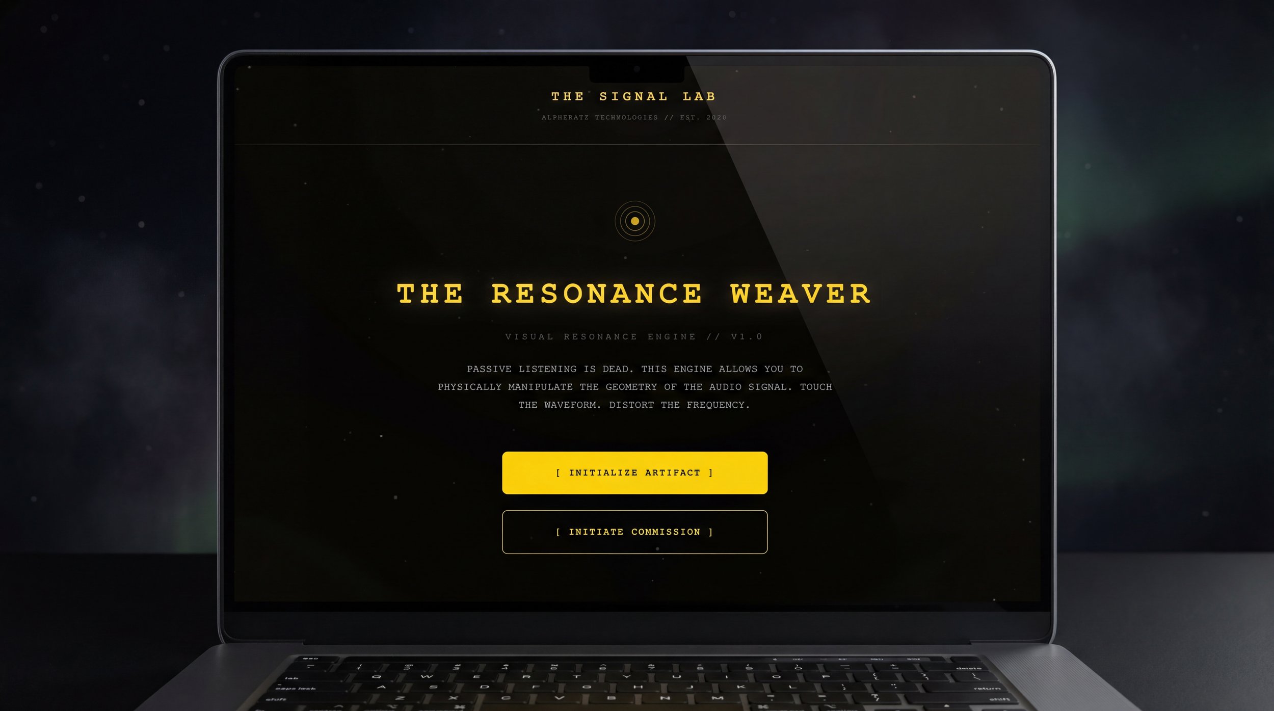 Laptop screen displaying a website called 'The Signal Lab' with the title 'The Resonance Weaver'. The page describes a visual resonance engine and has two buttons labeled 'Initialize Artifact' and 'Initiate Commission'.