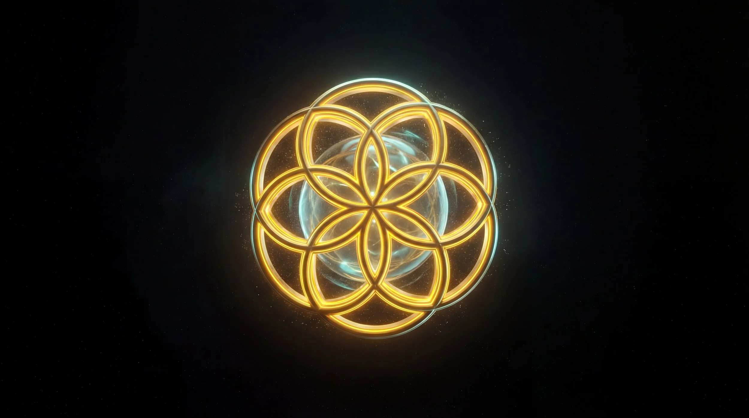 Digital illustration of interconnected glowing yellow rings forming a symmetrical geometric pattern around a central glowing blue sphere.