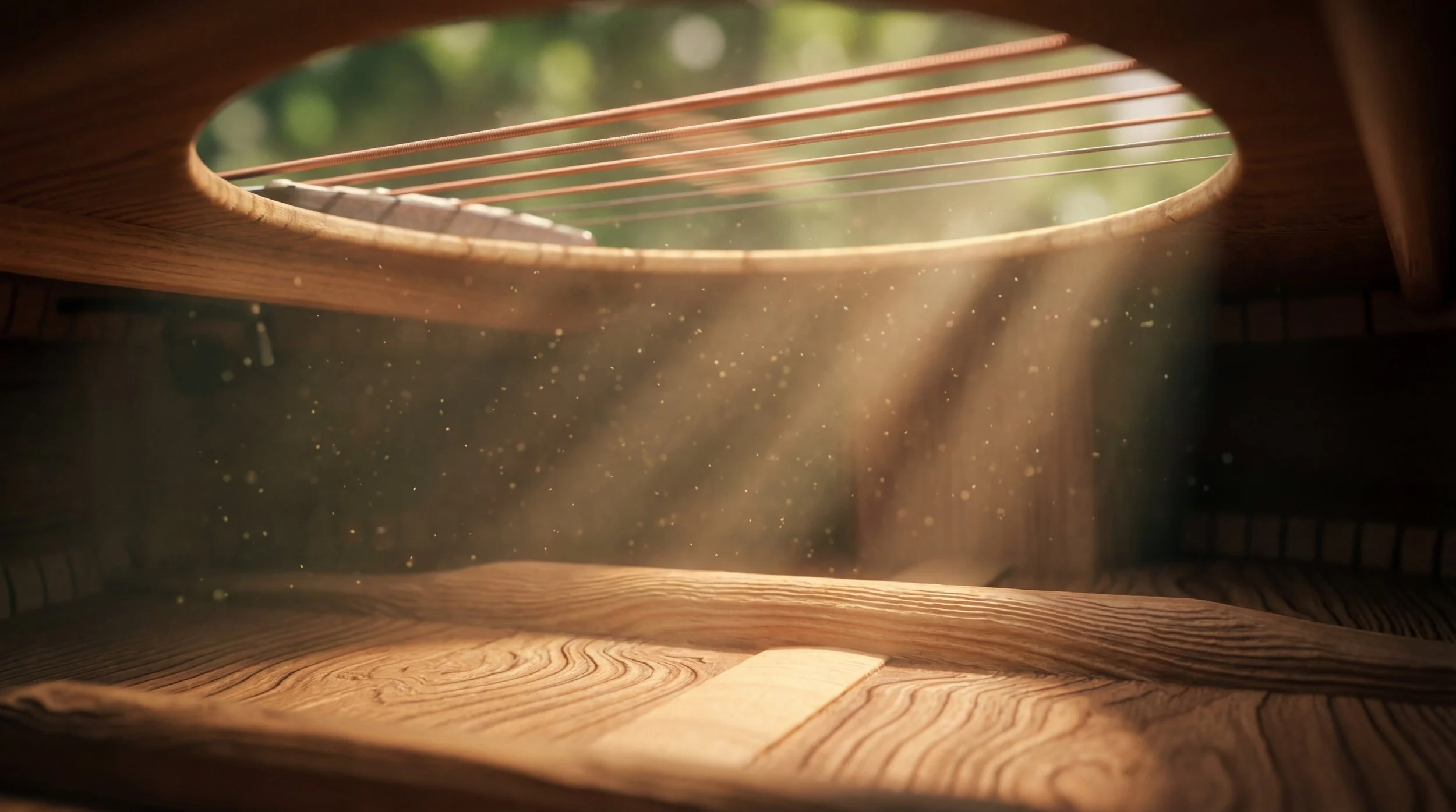 Inside a wooden piano with dust particles illuminated by sunlight streaming through the open lid.