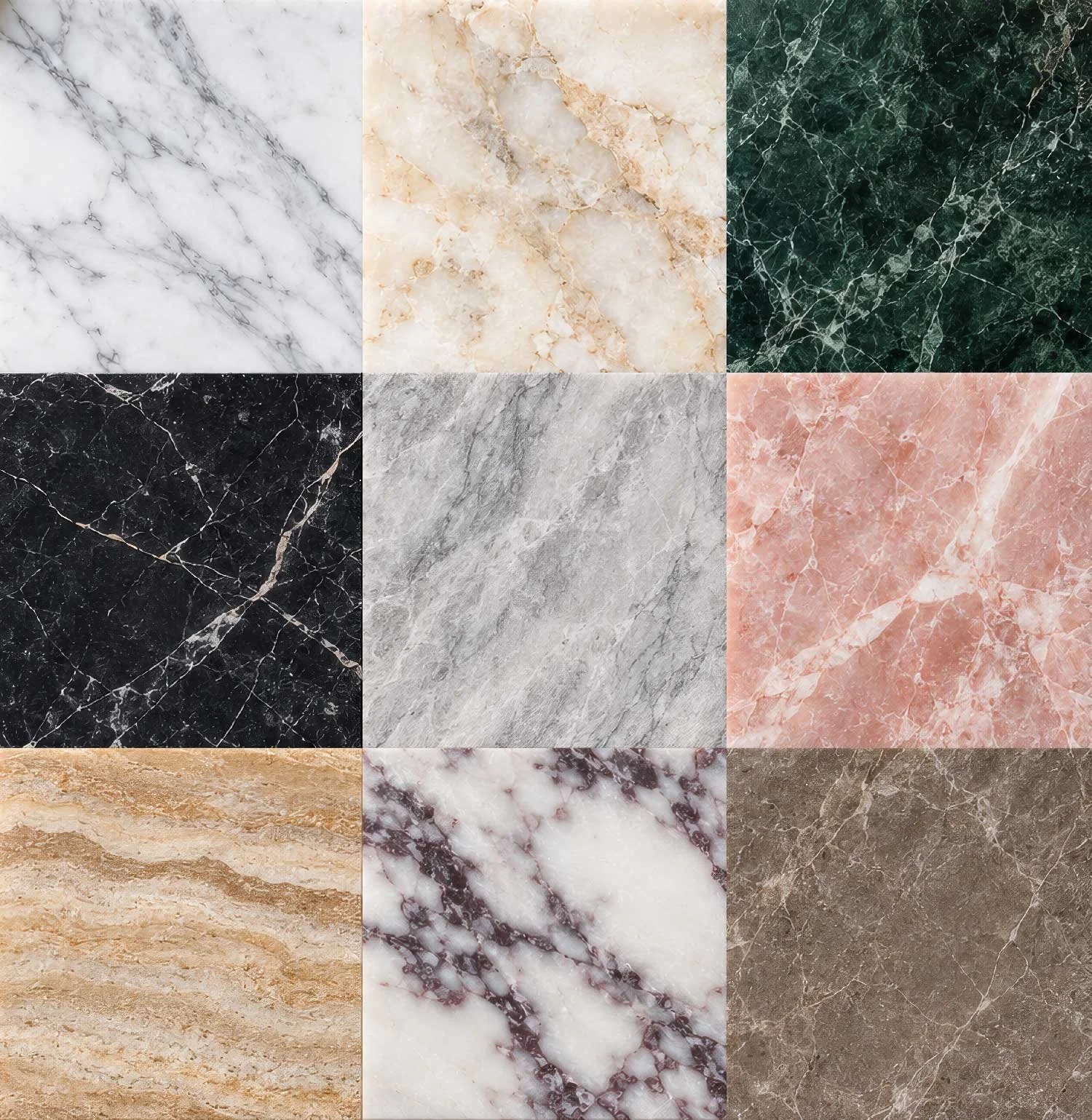 A collage of 12 different marble and stone textures in various colors, including white, cream, dark green, black, gray, pink, beige, and brown.