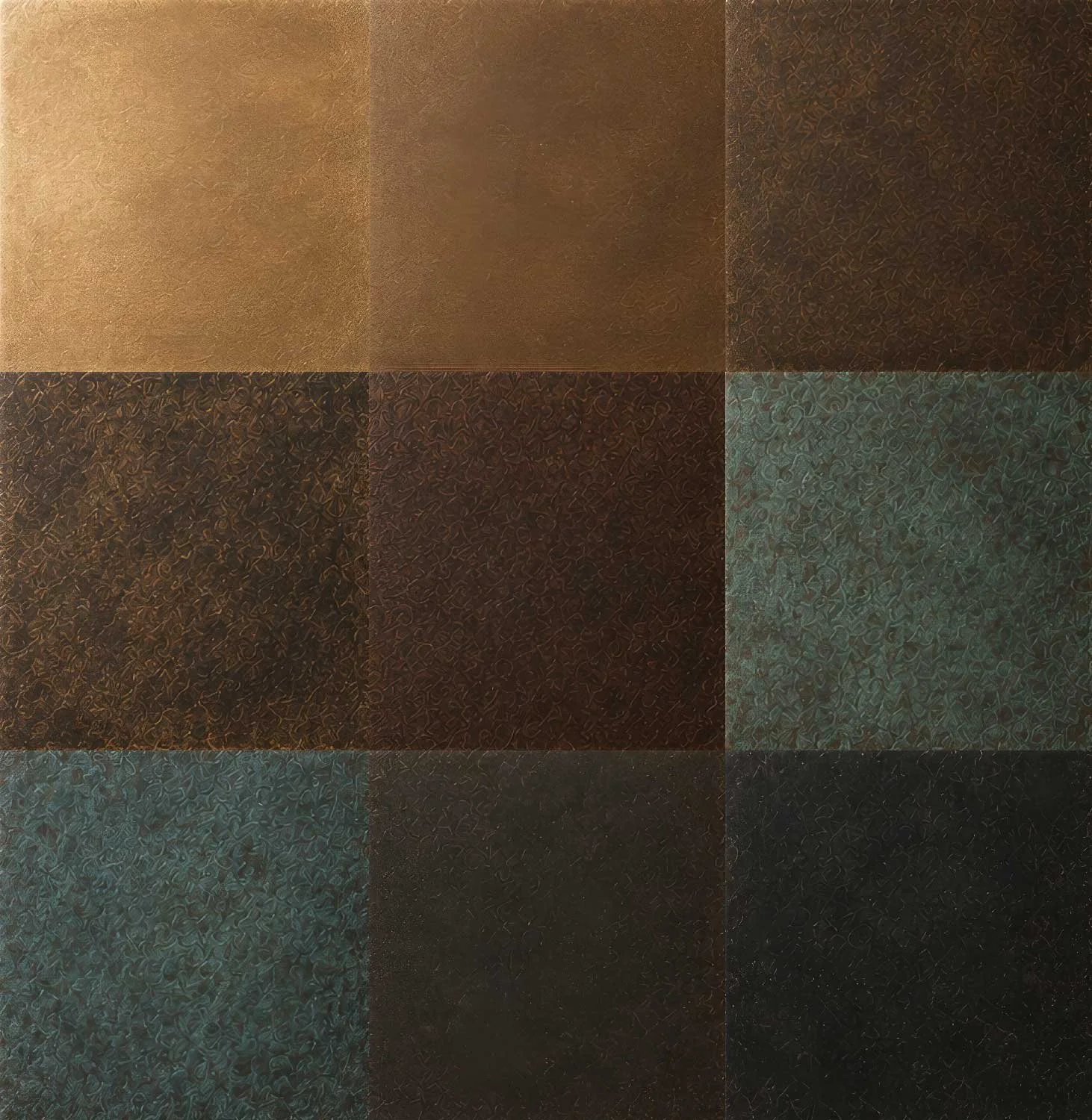 A collage of nine different textured and painted surfaces with various metallic, dark, and matte finishes.