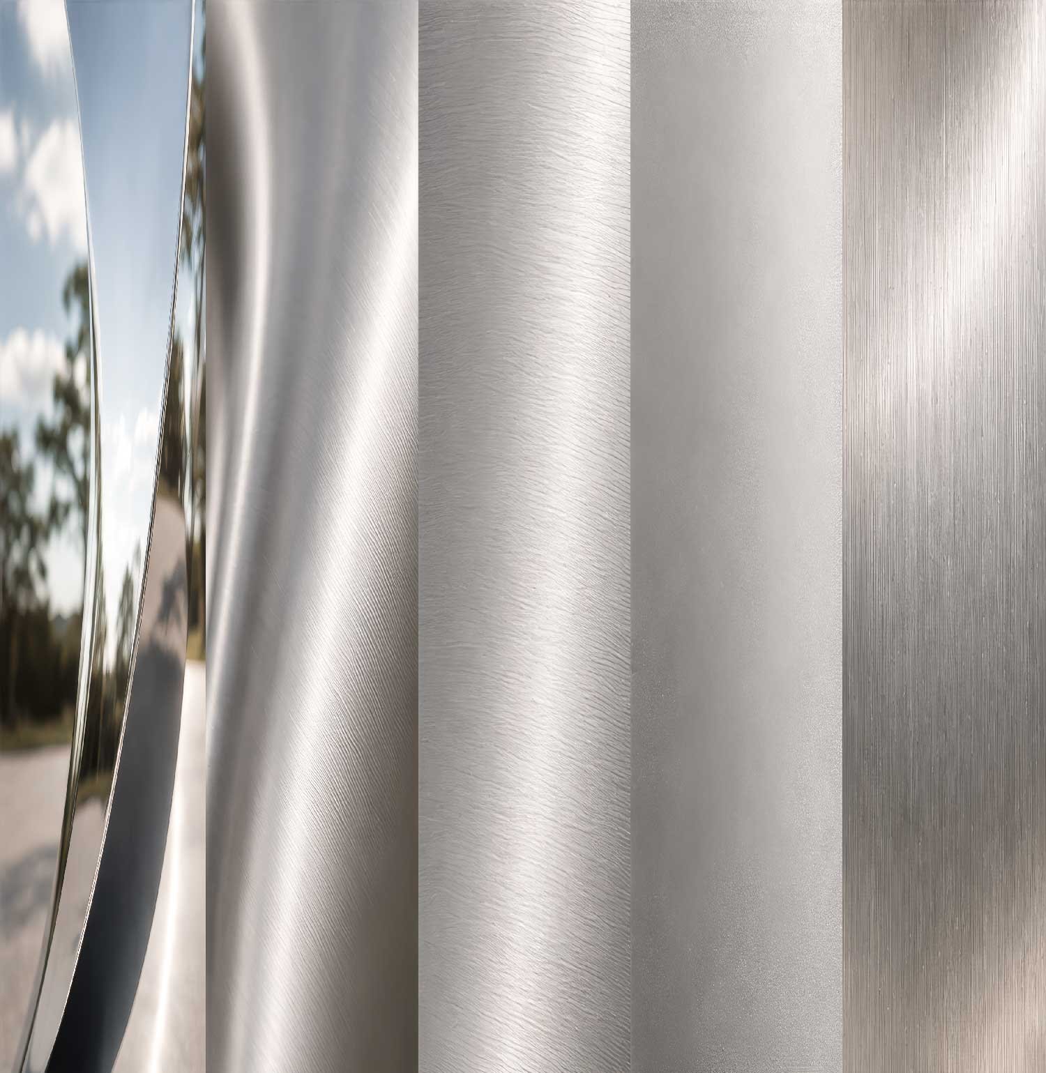Close-up of various brushed and polished metal surfaces, showing different textures and finishes.