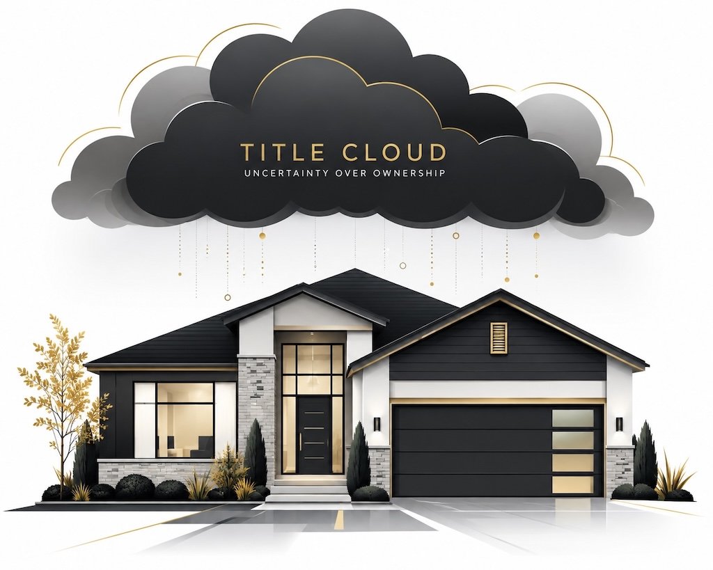 A digital illustration of a house with a cloud covering the roof, symbolizing a title cloud in a real estate transaction.