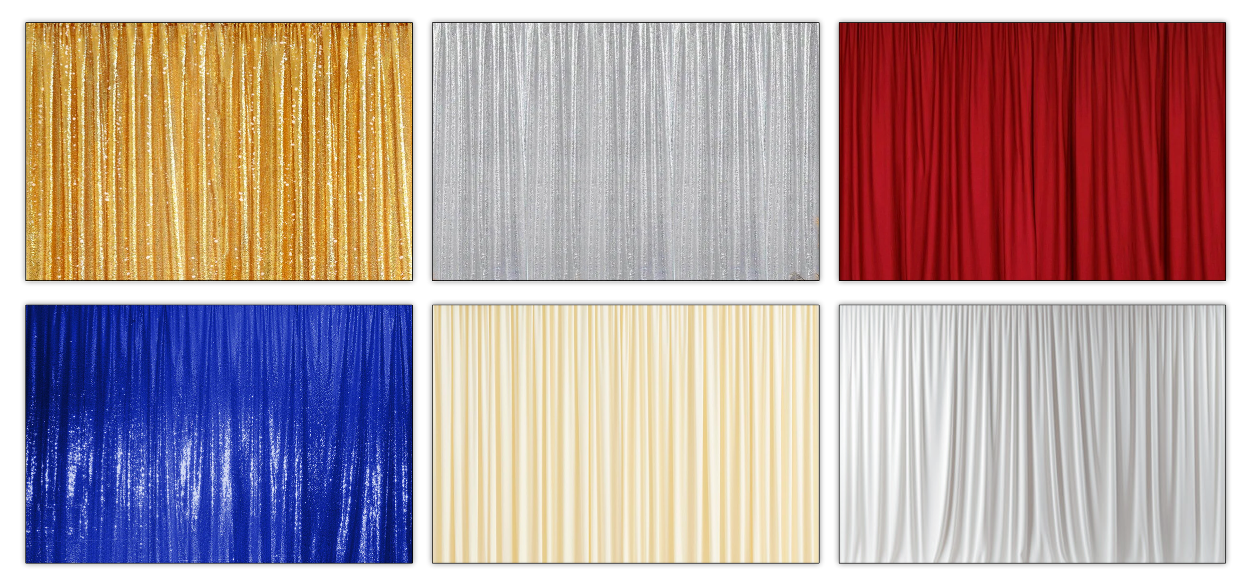 Selection of instant-print photobooth backdrop colours available for weddings and events, including gold, silver, red, blue, champagne, and white