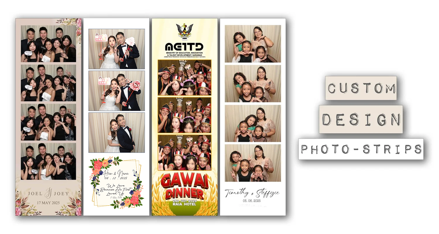 Examples of personalised instant-print photobooth photo strips with professional lighting and high-quality prints