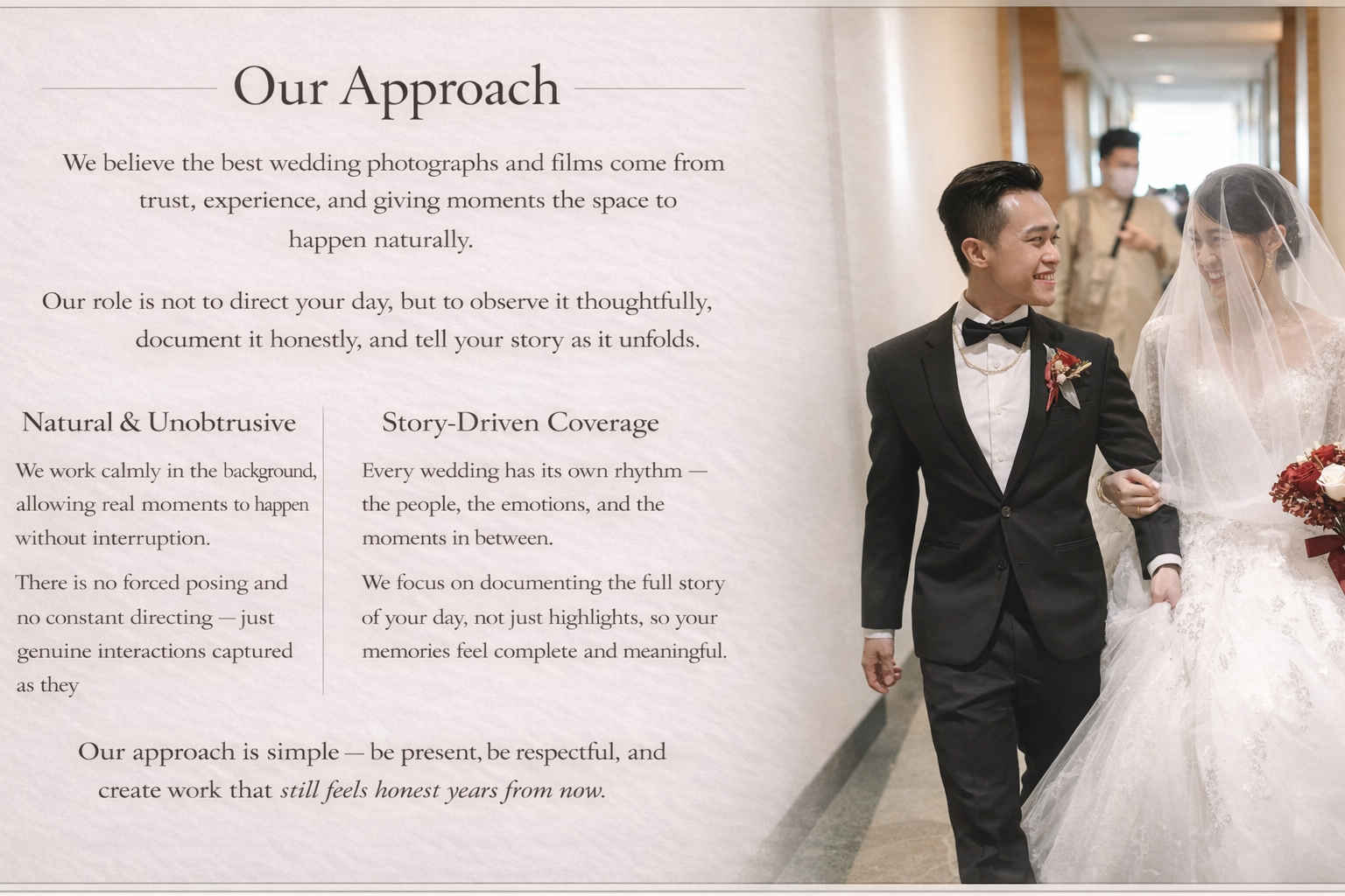 Bride and groom walking together during their wedding day, illustrating Prestige Studio's natural and unobtrusive documentary approach.