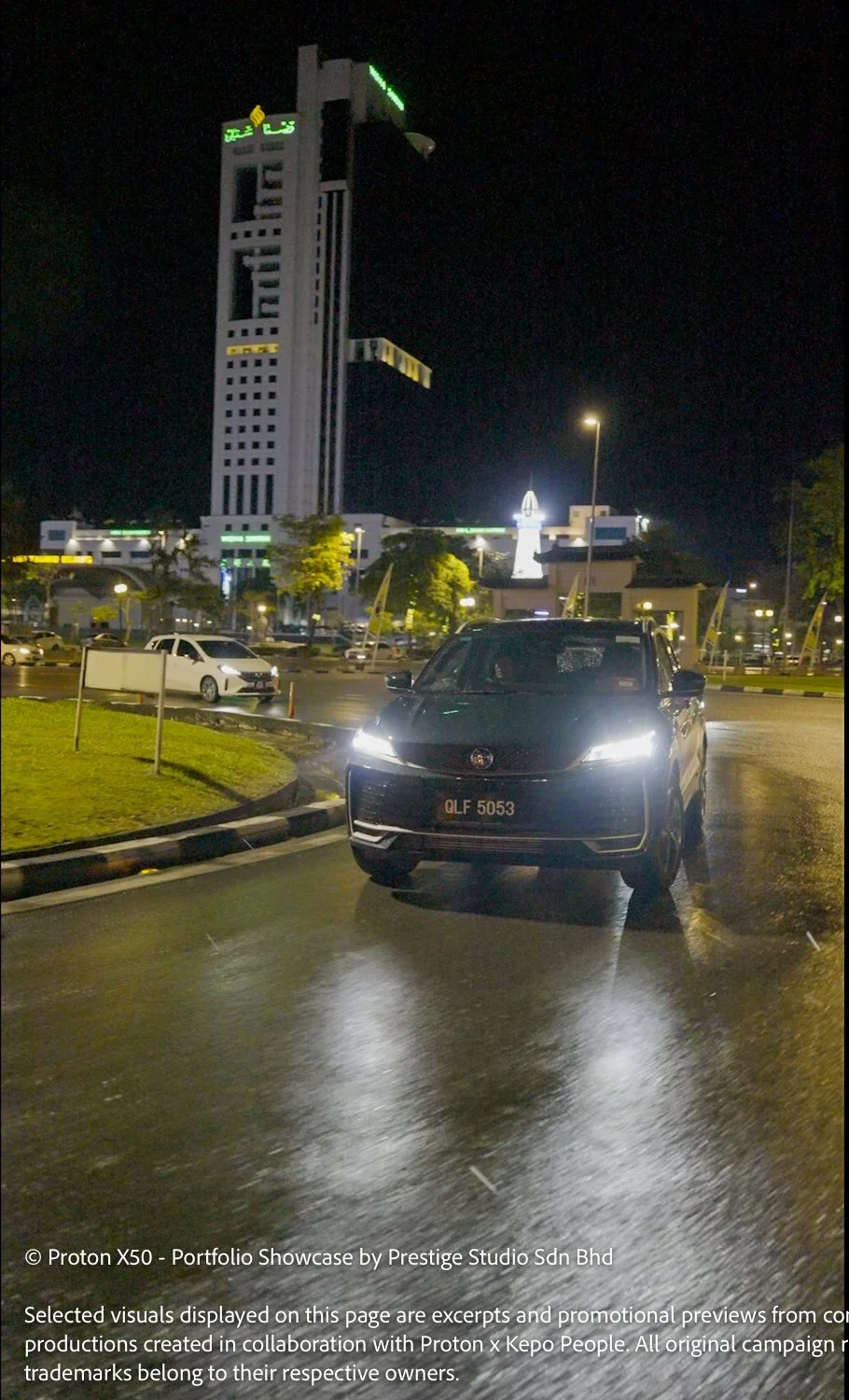 Proton X50 driving at night in rainy conditions during Sarawak production