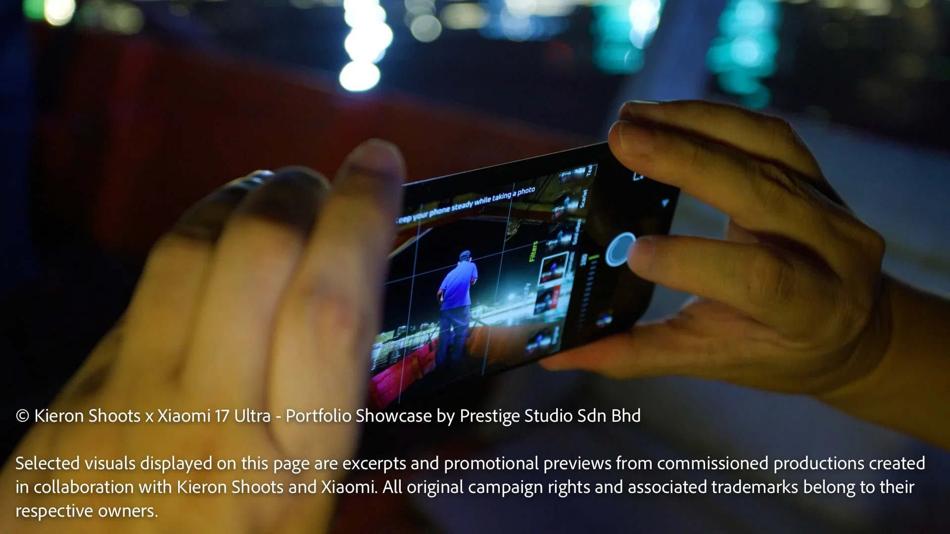 Close-up of the Xiaomi 17 Ultra camera interface during a street photography session at Kuching Waterfront.