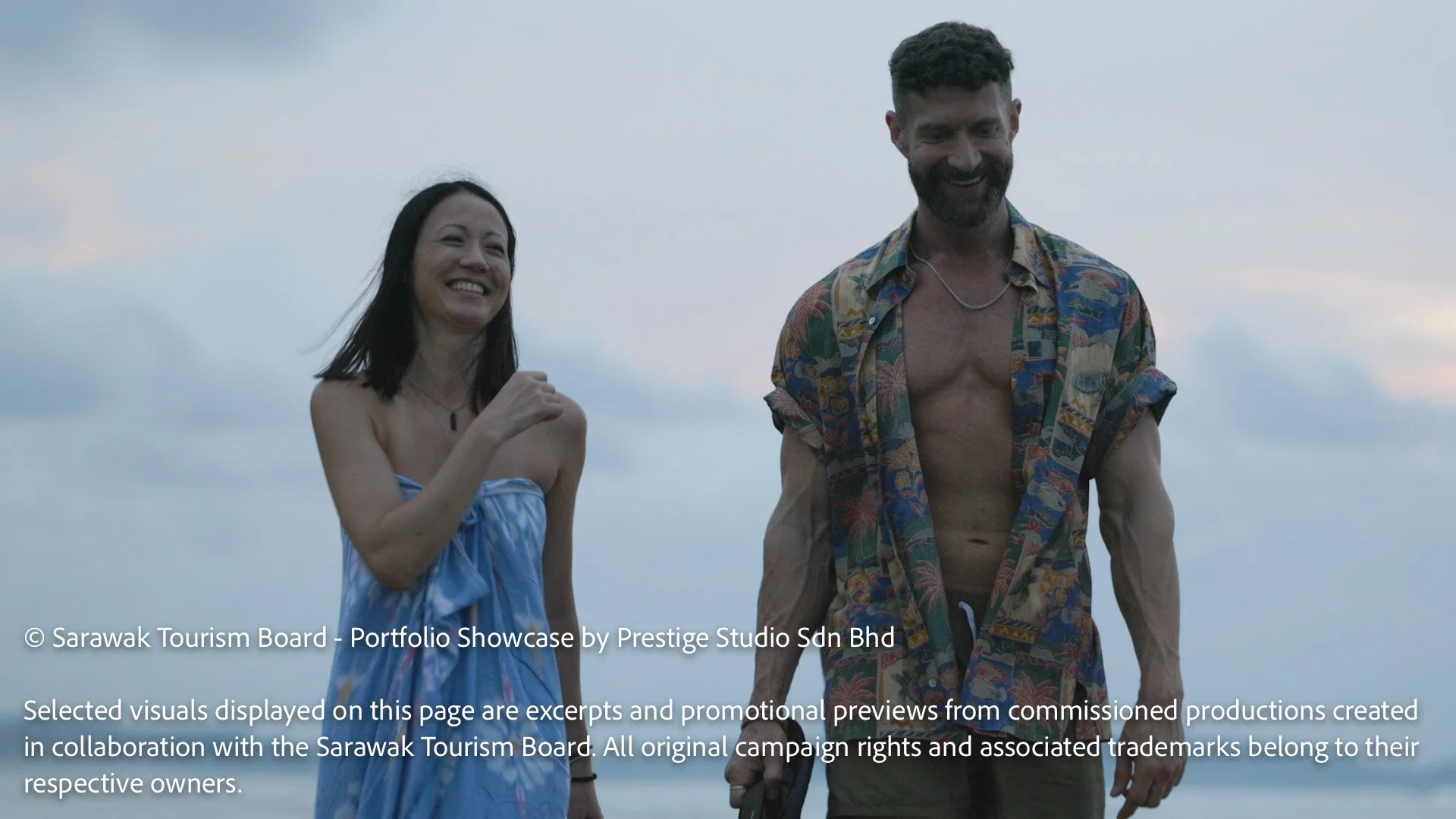 International travellers enjoying a beachside moment in Sarawak, Borneo during the Gateway to Borneo tourism commercial campaign filmed by Prestige Studio Sdn Bhd.