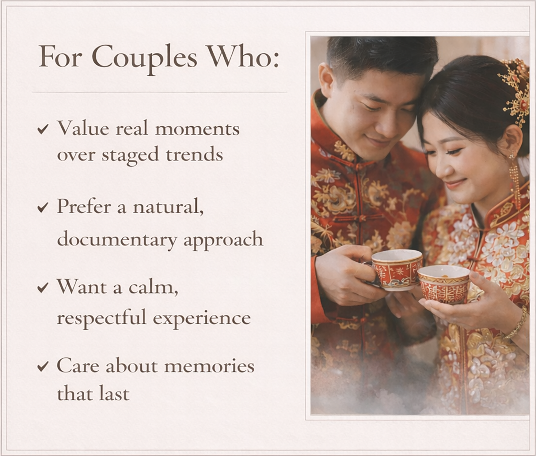 Chinese tea ceremony couple enjoying a natural wedding moment, showcasing documentary wedding photography in Kuching.