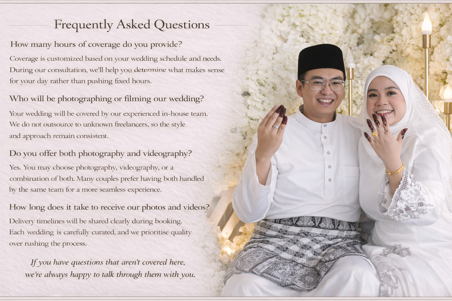 Malay wedding couple portrait used in the wedding photography and videography frequently asked questions section.