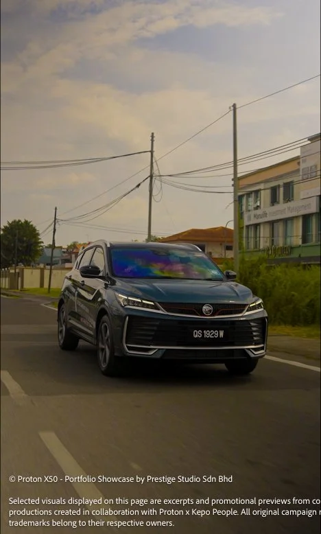 Proton X50 driving through urban streets during golden hour in Sibu