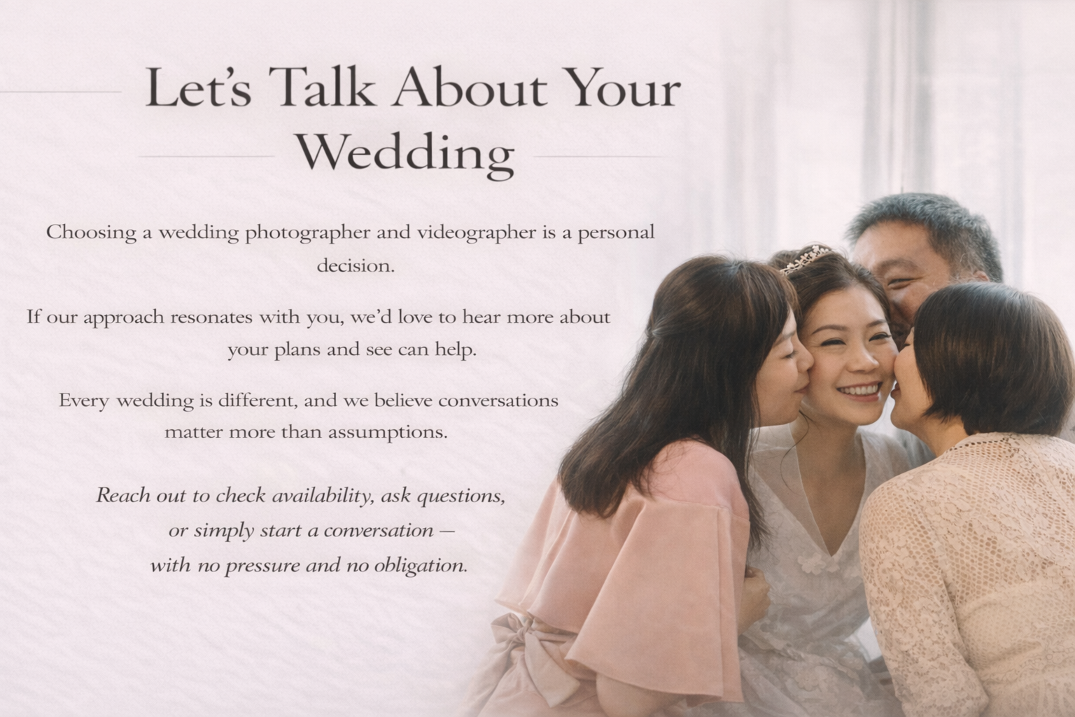 Bride sharing a joyful family moment, inviting couples to enquire about wedding photography and videography services in Kuching.