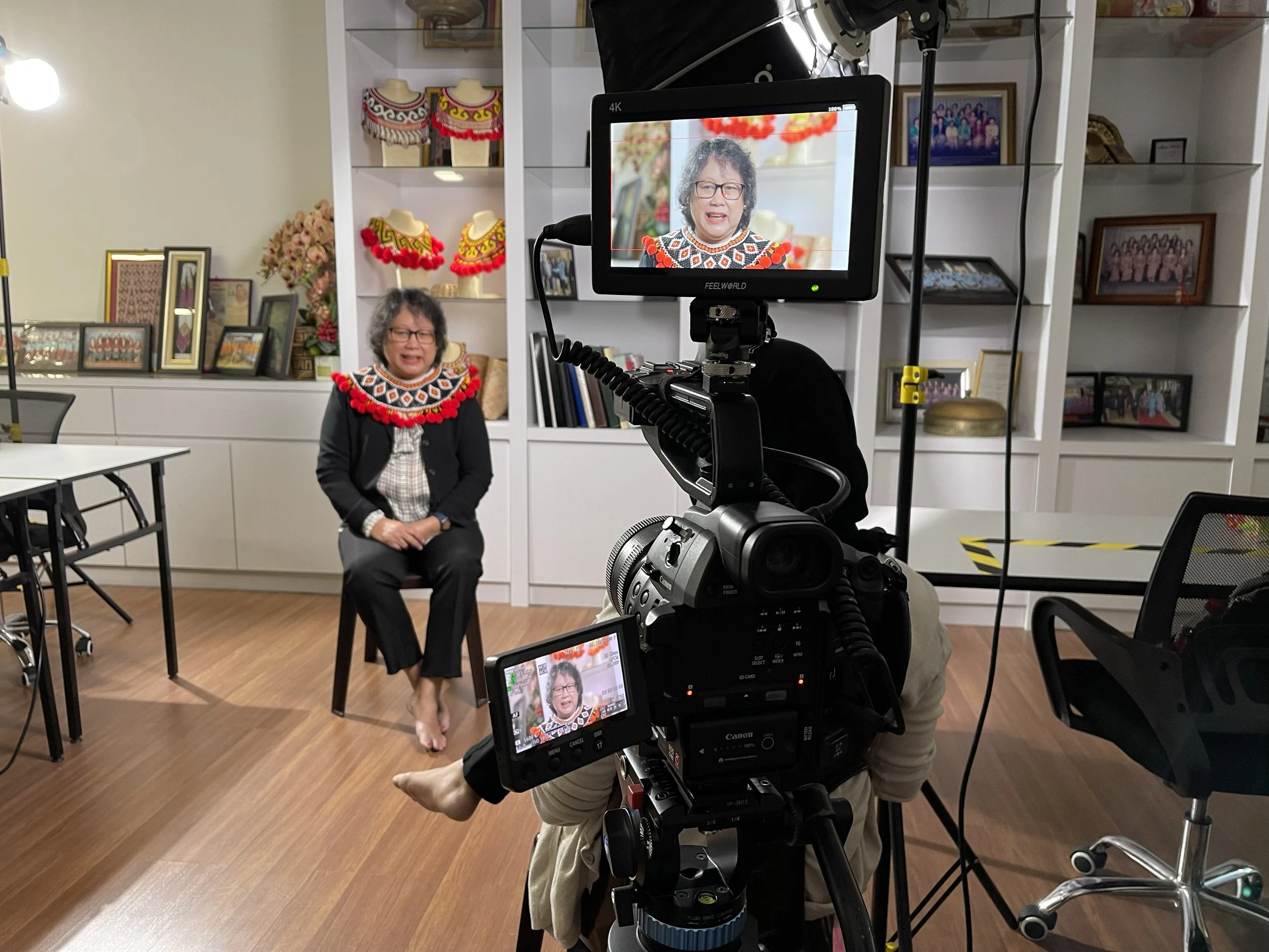 Behind-the-scenes studio interview filming for the television documentary series “Sarawak Women in History.”