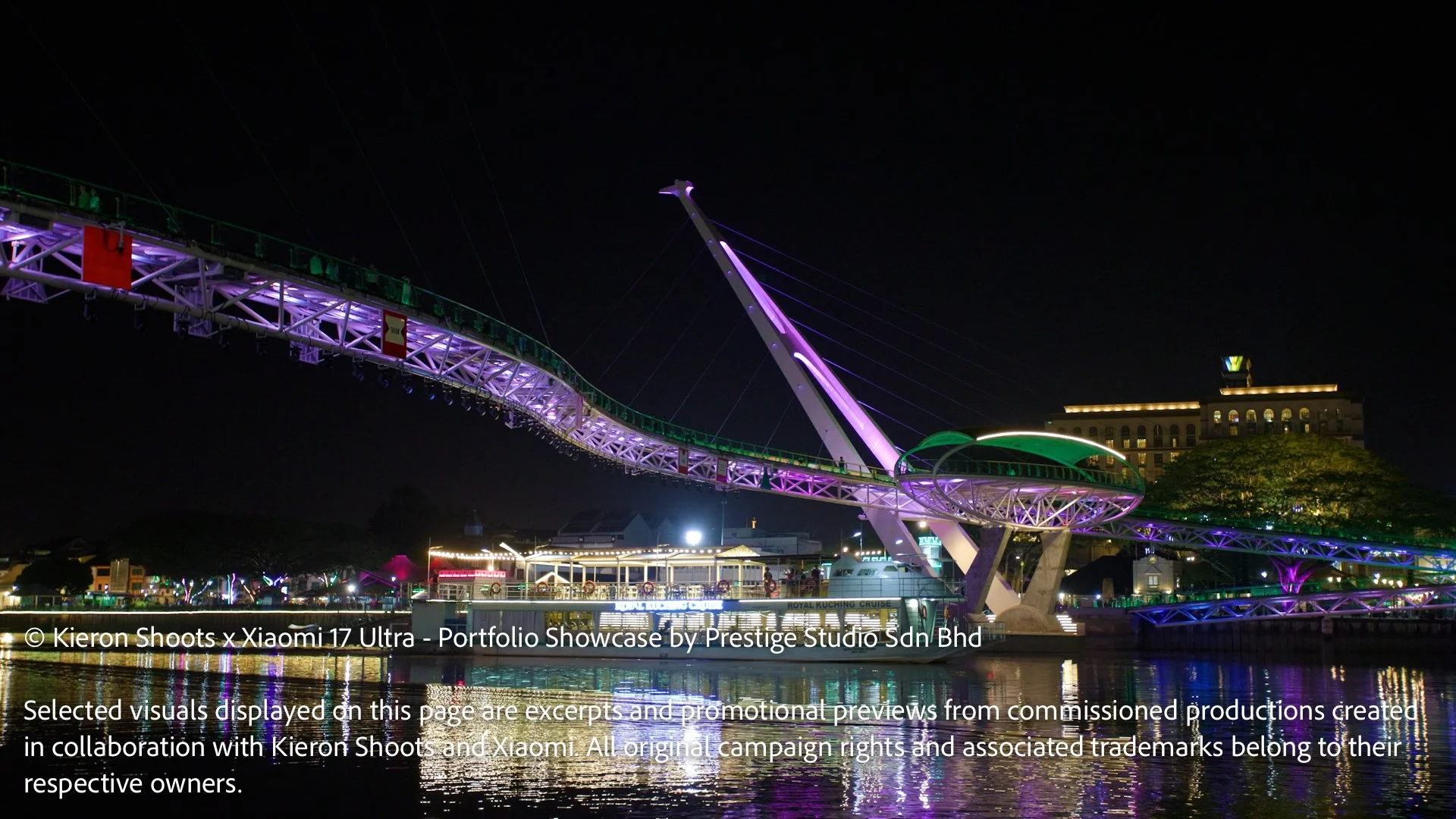 Night view of Darul Hana Bridge and Kuching Waterfront captured during the Kieron Shoots Xiaomi 17 Ultra photography series.