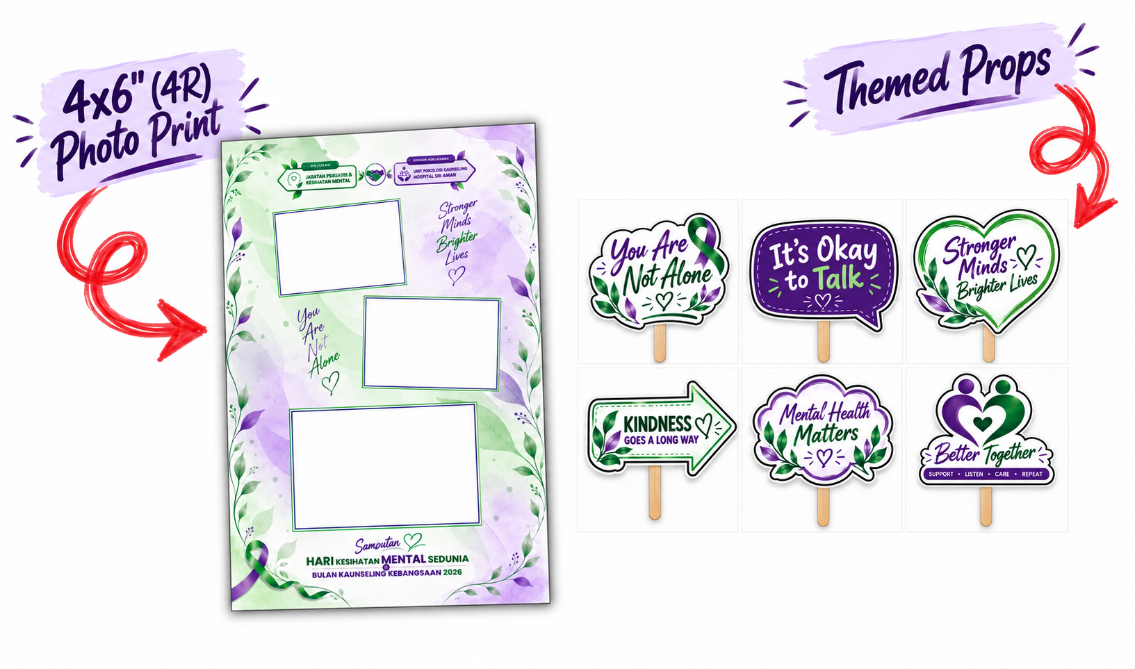 Prestige Studio mental health themed photobooth in Kuching featuring a custom 4x6” (4R) photo print design and matching themed props.