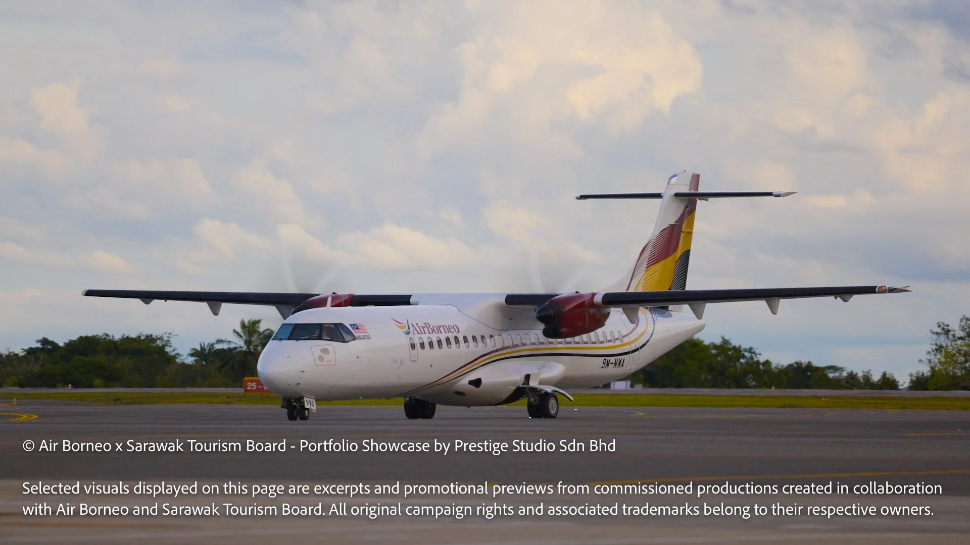 Air Borneo aircraft positioned on the runway during golden hour in Sarawak