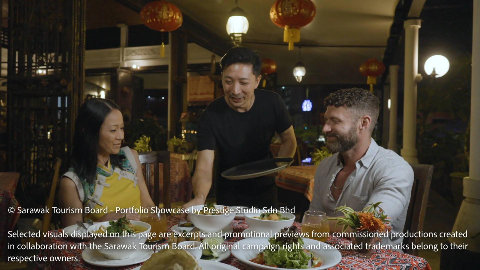 International visitors dining at James Brooke Cafe in Kuching featured in the Gateway to Borneo tourism campaign for Sarawak Tourism Board.