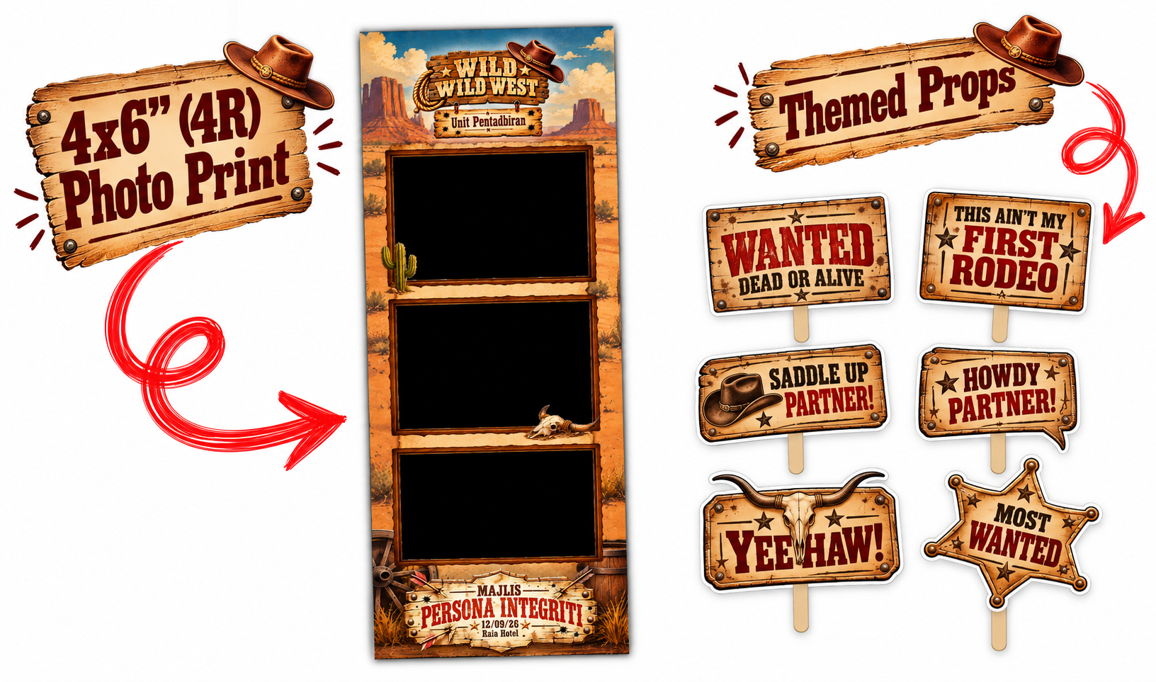 Prestige Studio photobooth in Kuching featuring a custom Wild West 4R photo print design and themed handheld props.