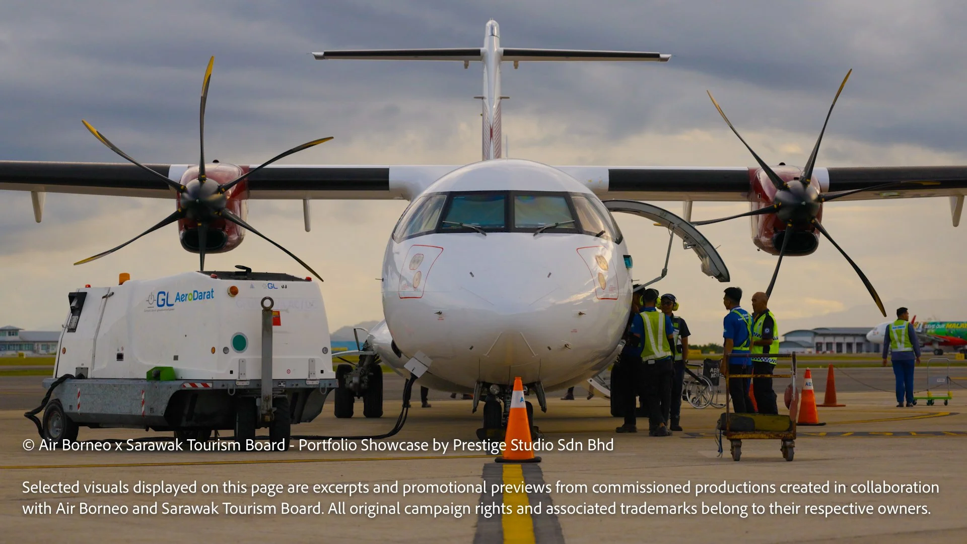 Front view of Air Borneo aircraft parked on the runway during arrival operations in Sarawak