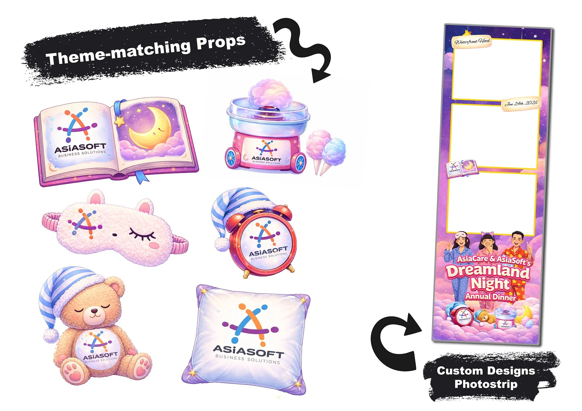 Custom photobooth photostrip and matching themed props for corporate event branding