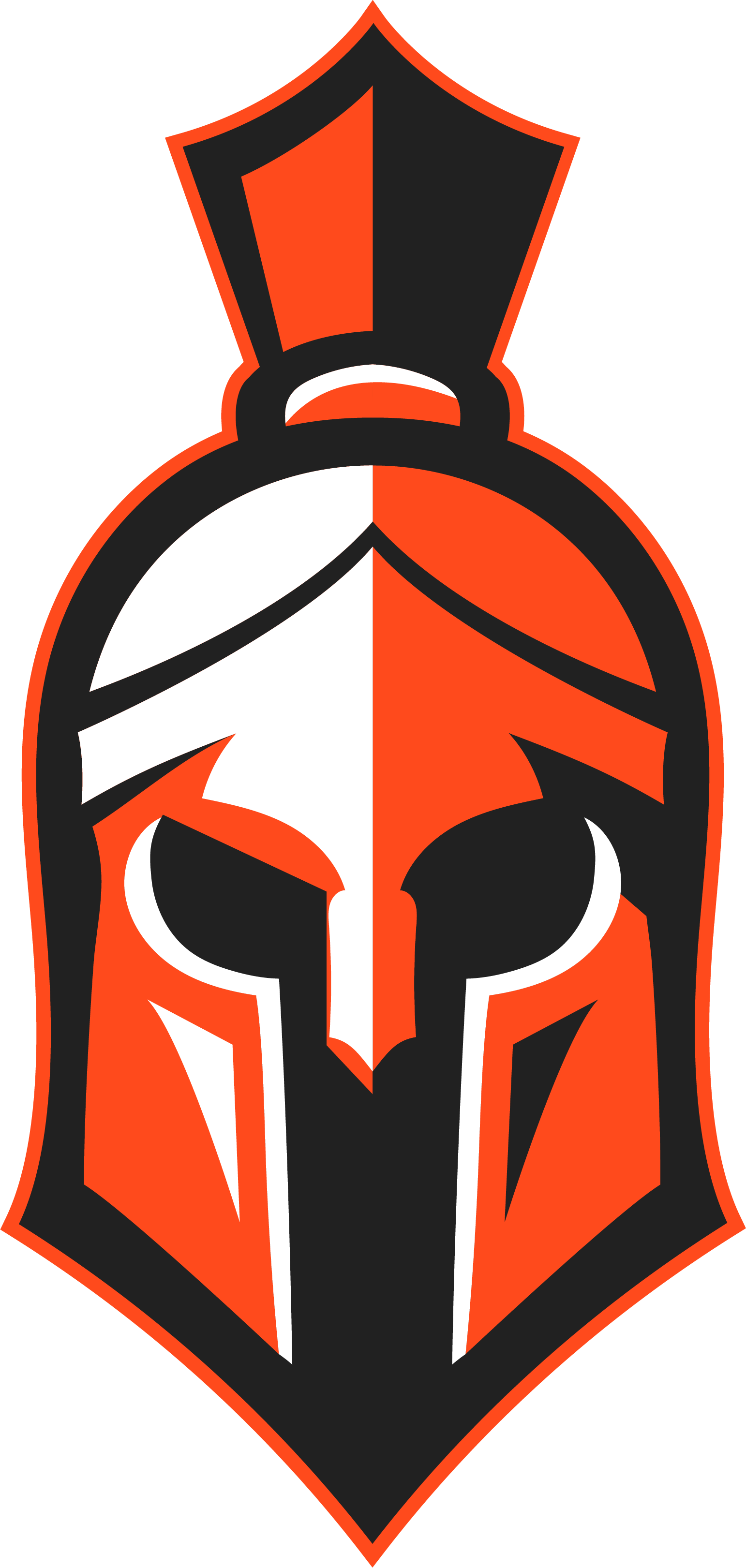 A stylized graphic of a gladiator helmet with a black and orange color scheme.