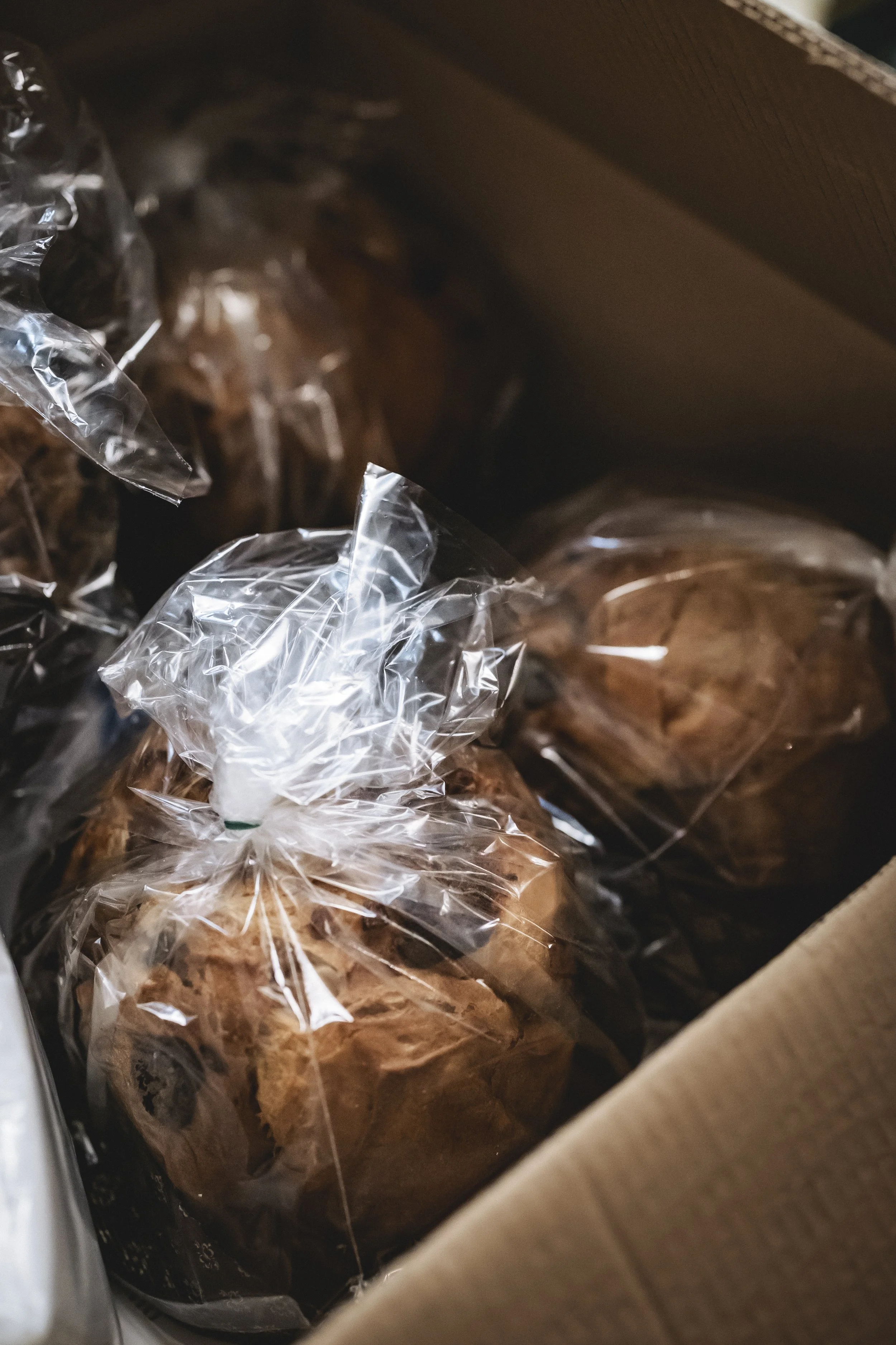 Pacchi di biscotti imbottiti di cerotti, tutti sigillati in sacchetti di plastica all'interno di una scatola di cartone.