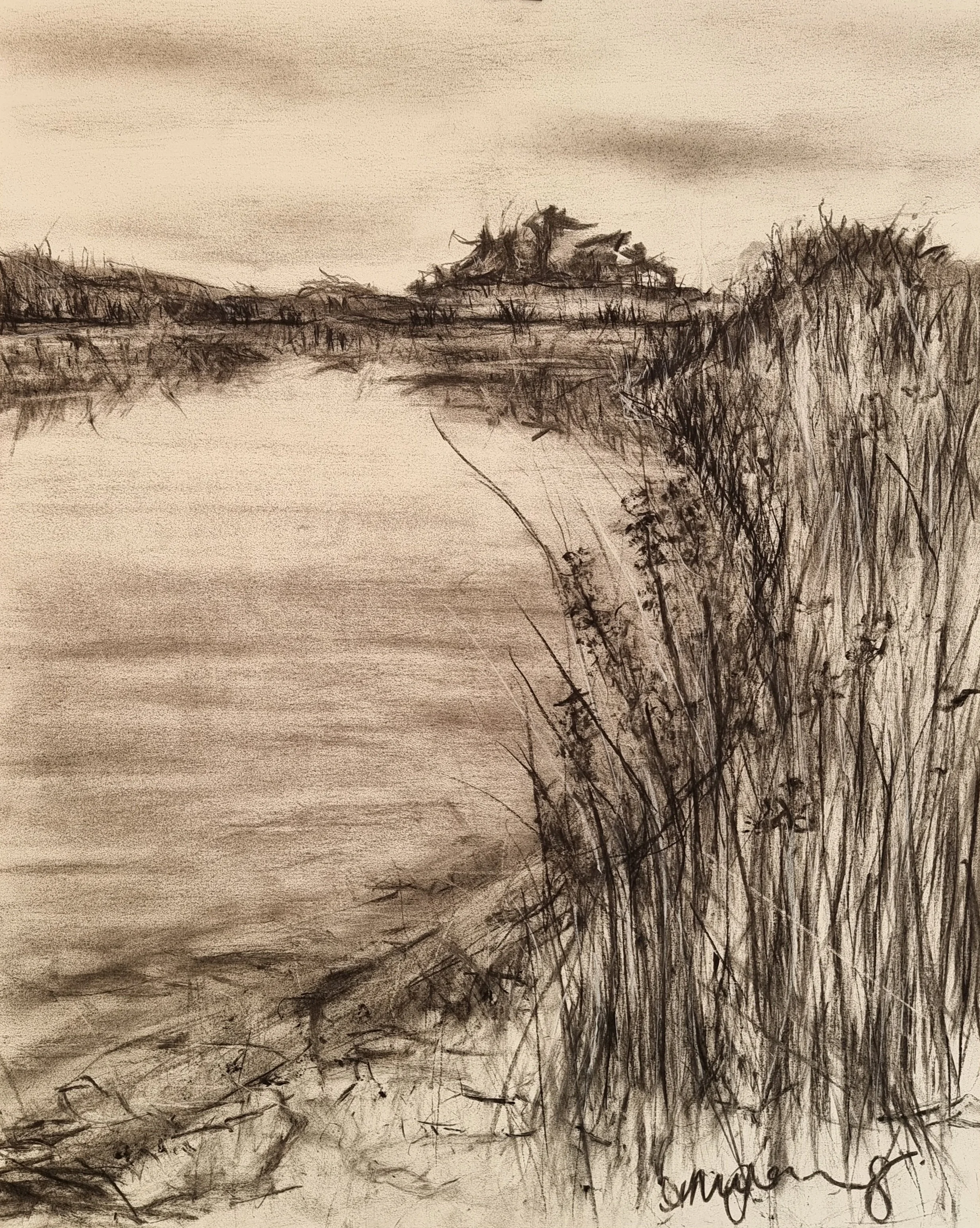 A black and white sketch of a landscape with tall grasses on the right side and a distant land formation in the background.