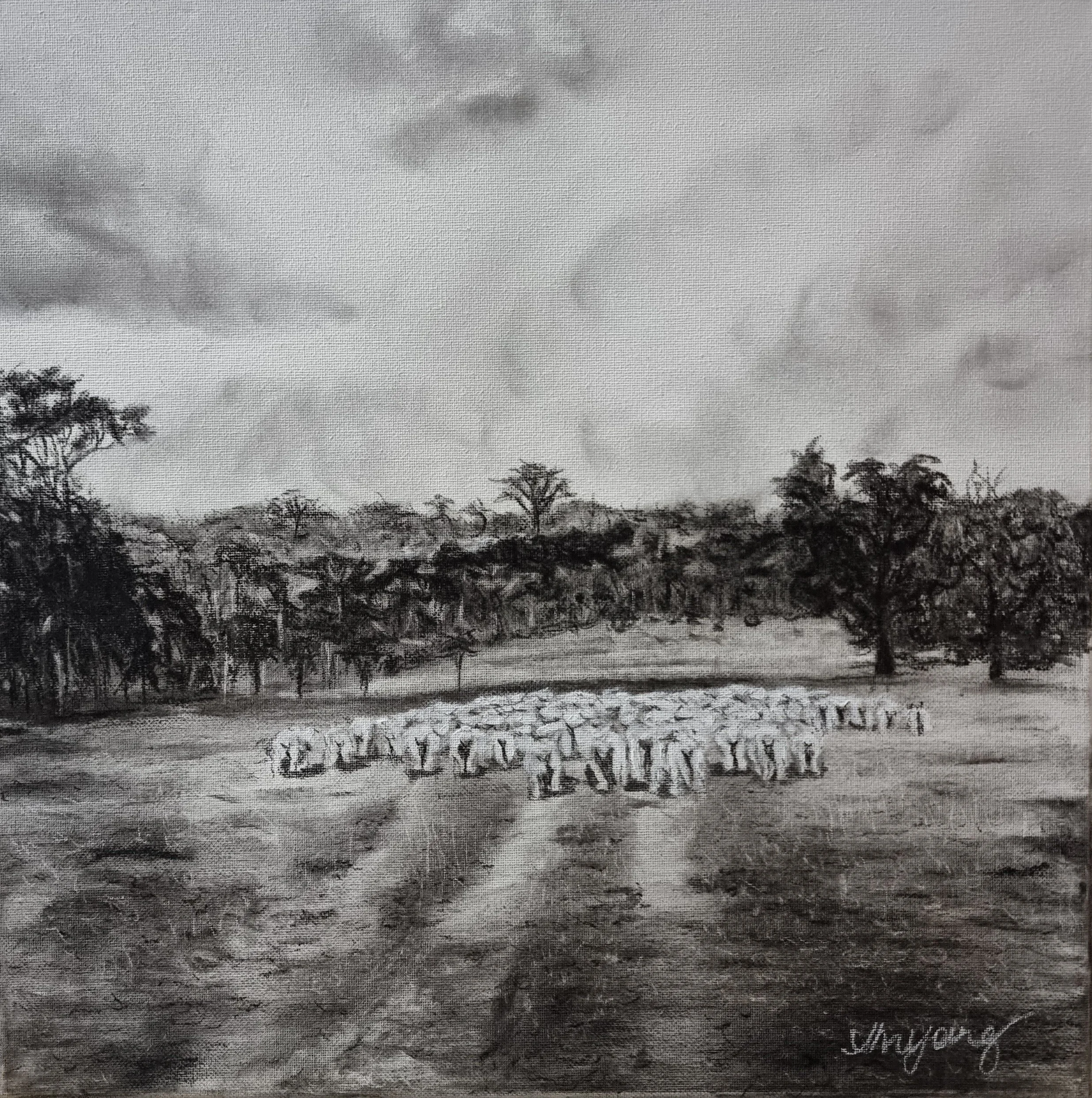 A black and white painting of a pastoral scene with a flock of sheep in a field, trees in the background, and a cloudy sky overhead.