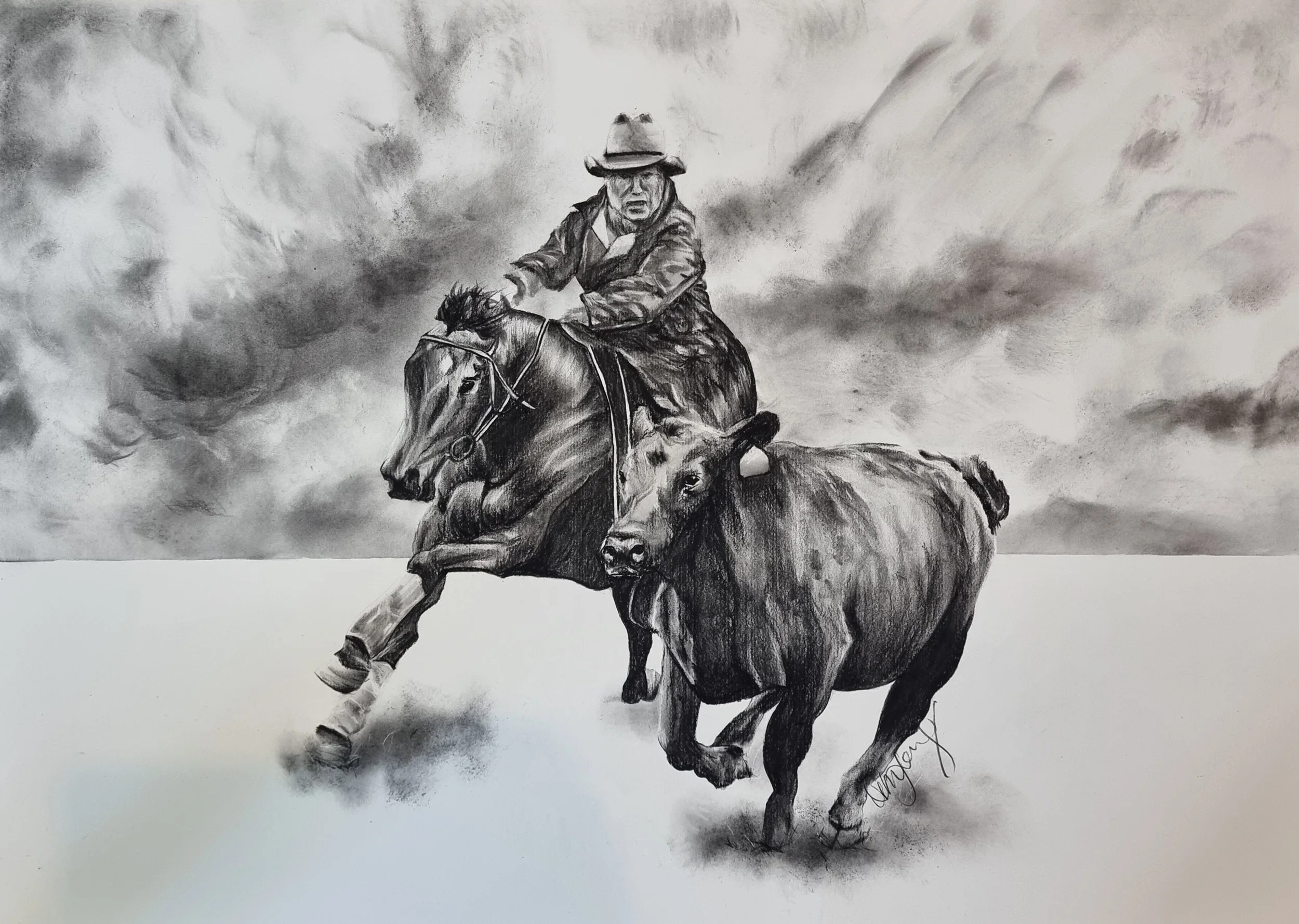Black and white drawing of a person riding a horse and herding a cow against a cloudy sky background.