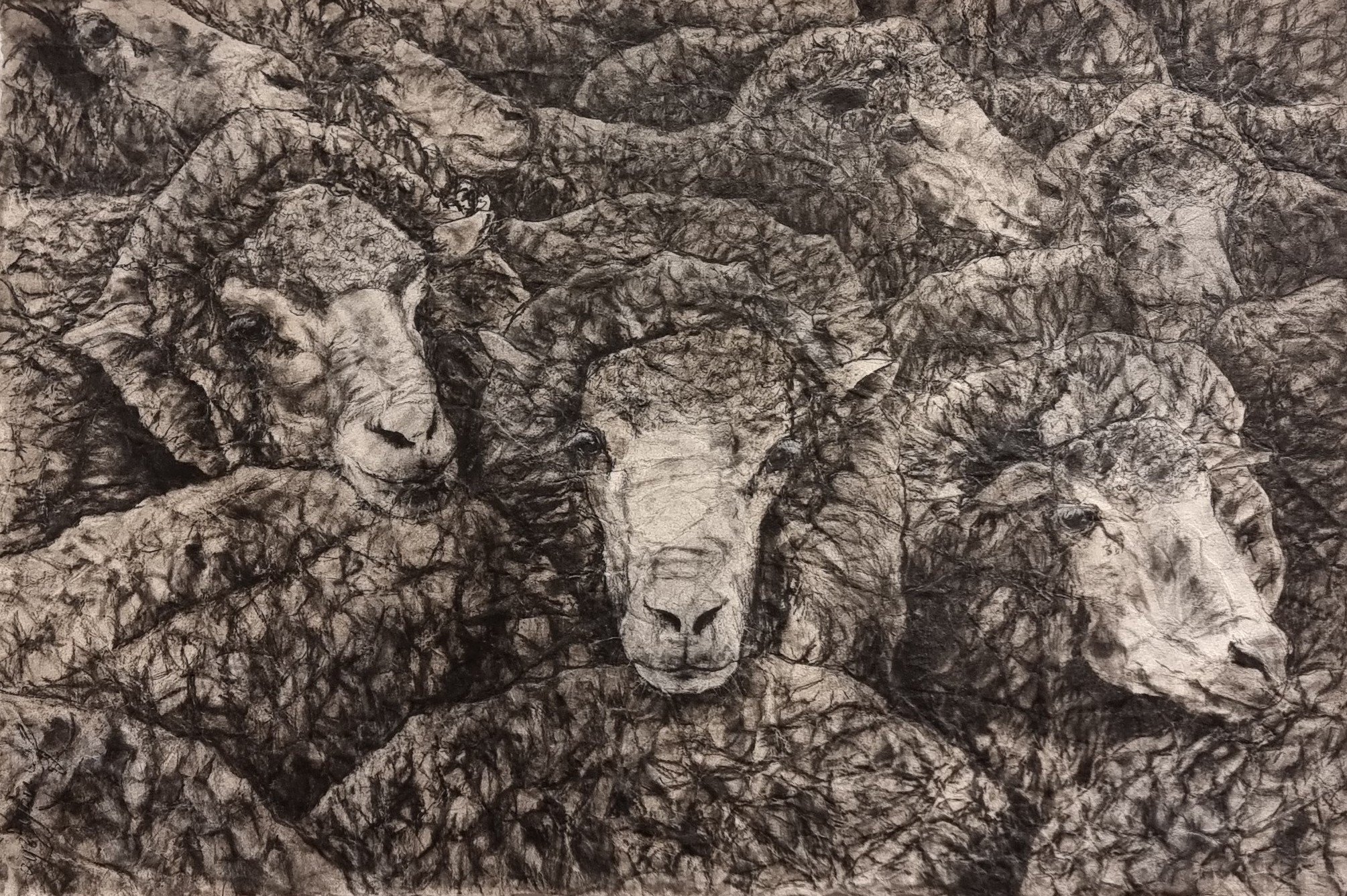 A detailed monochrome drawing of three animals, a lioness on the left, a ram in the middle, and a wolf on the right, all intertwined with intricate line work.