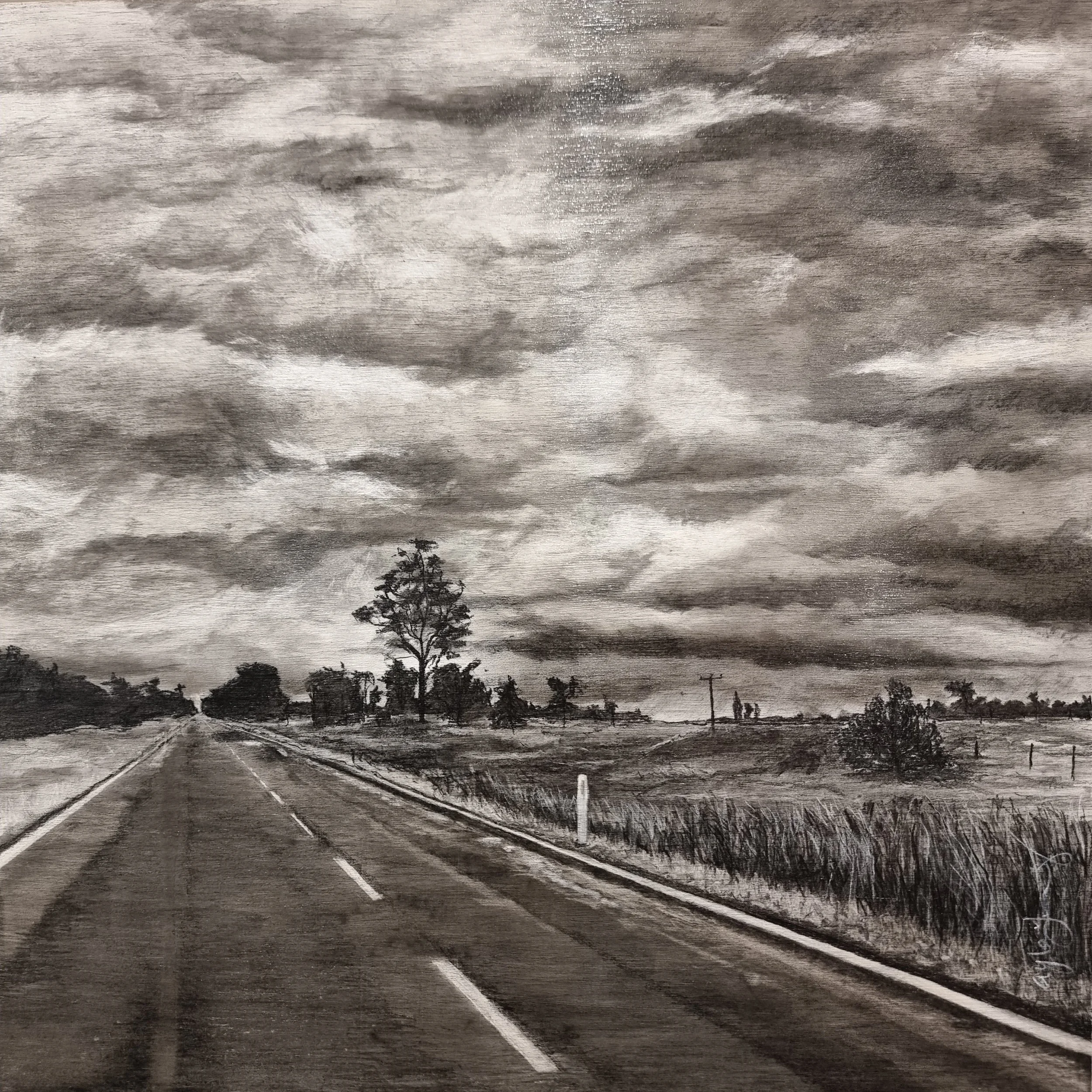 Black and white painting of a rural road under a cloudy sky with trees and open fields on either side.