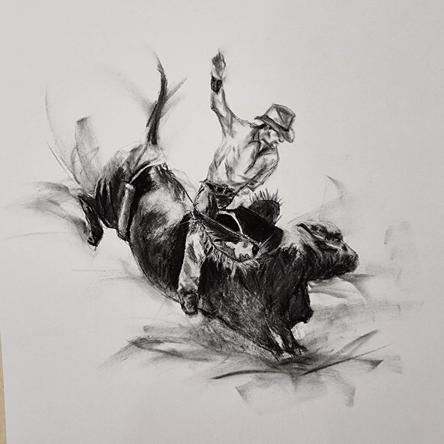 Black and white sketch of a cowboy wielding a lasso riding a large bull or bison.