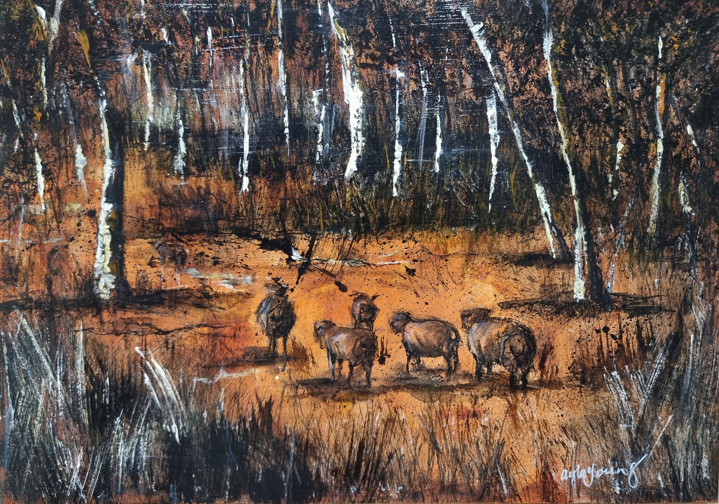 A painting of a bush landscape with four sheep standing on a dirt path, surrounded by trees with brown and white bark, and a dark, textured background.