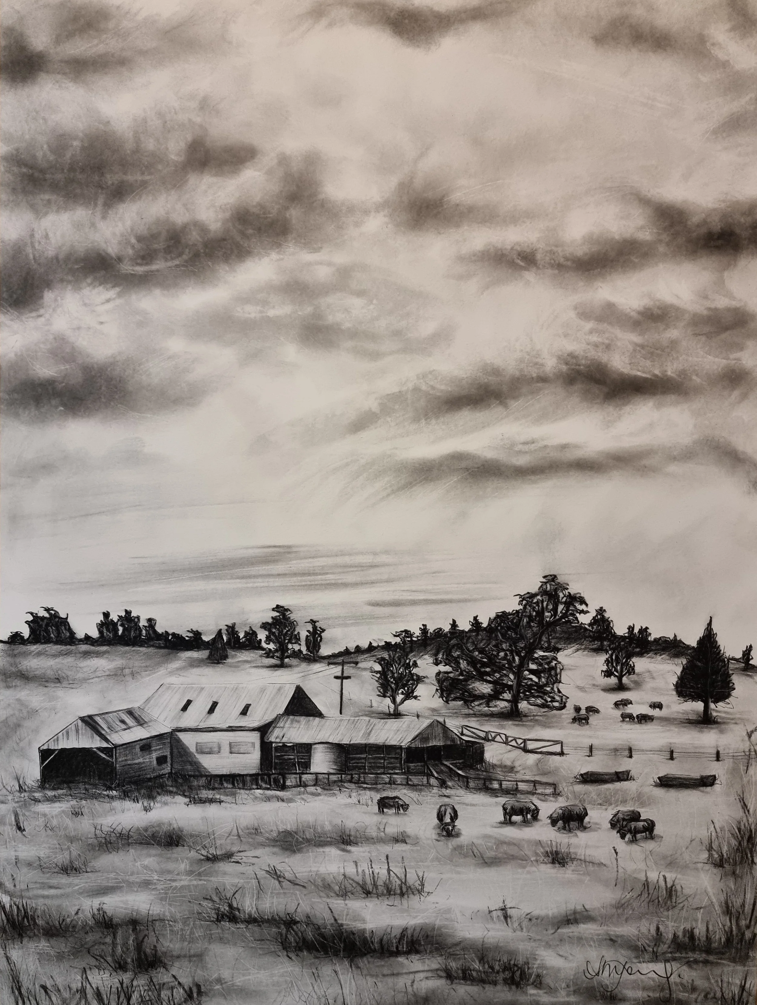 A black and white drawing of a rural farm scene with a barn, trees, grazing animals, and a cloudy sky.