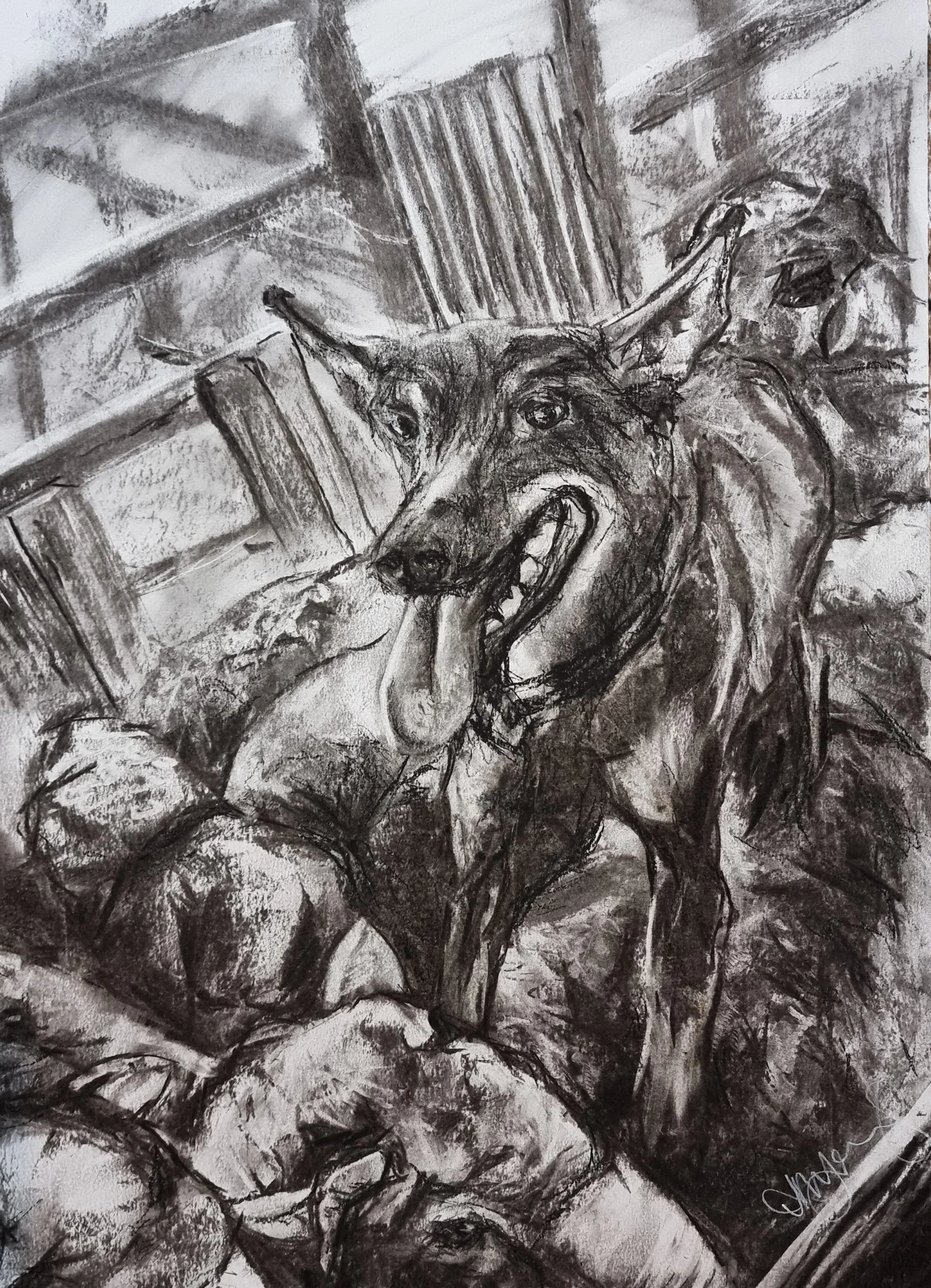 Black and white drawing of a playful German Shepherd dog with its tongue out, lying on the ground in front of a wooden fence.