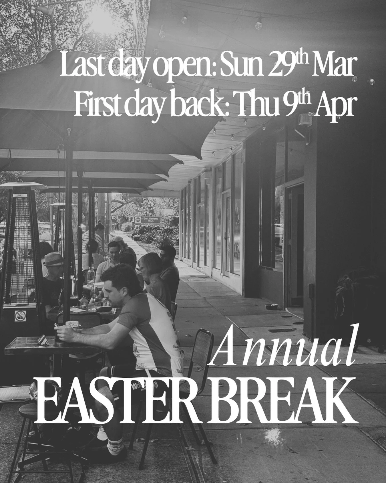 We&rsquo;ll be closed over the Easter weekend! 

Join us on Sun 29th March 3-5pm for some live tunes from @_withdrea - our last day before we have recharge.

Last day: 29th March
First day back: 9th April

See you at ours,

James &amp; Ella x