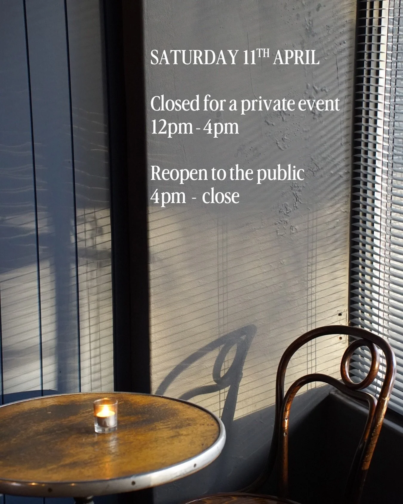 We&rsquo;re opening a little later today (at 4pm, to be exact), because there&rsquo;s a private party in the arvo ☻︎

See you at our place soon x