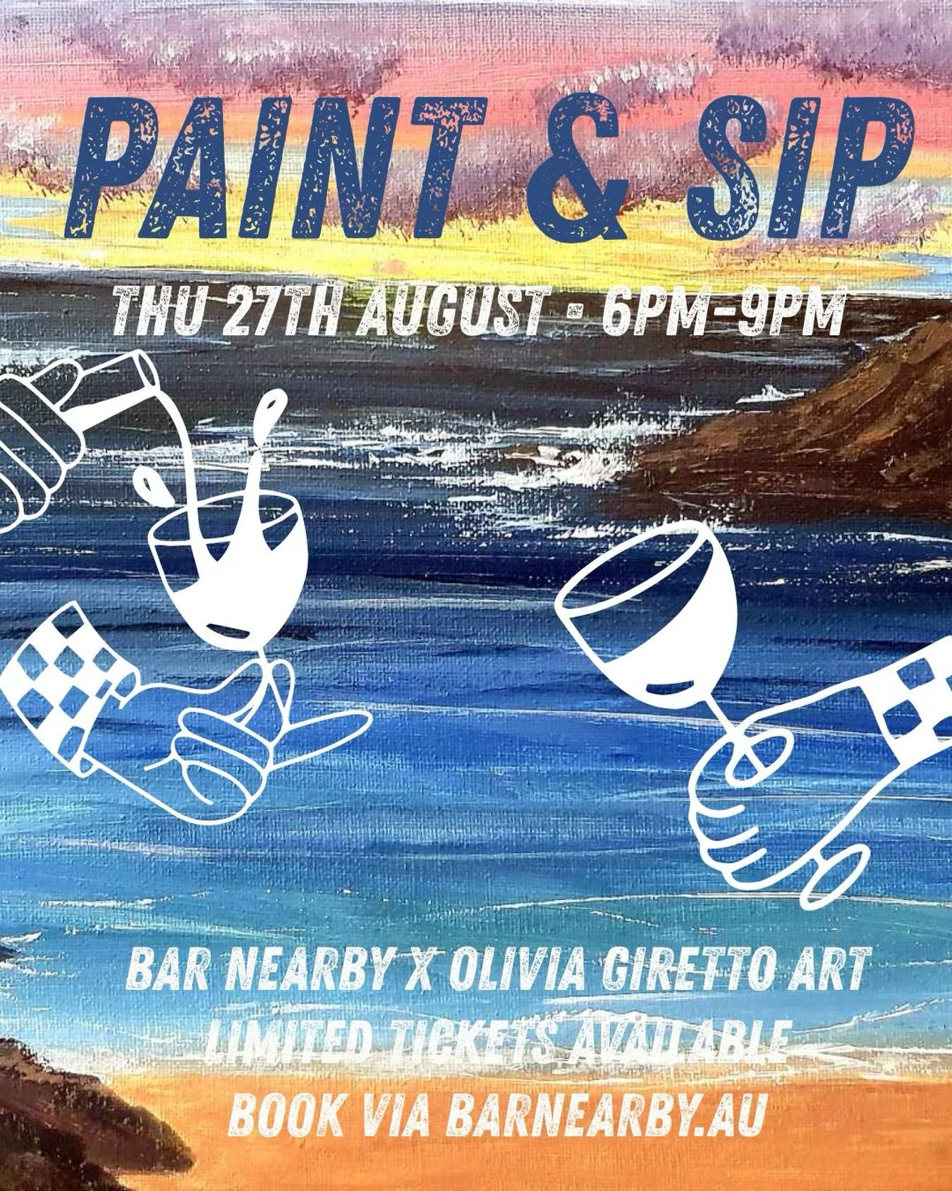 Cheeky vino at the beach anyone? 
It&rsquo;s winter, just not on this canvas ✌︎.
Sip, imbibe, and let @olivia.giretto.art be your artsy guide at our next Paint &amp; Sip.
Aug 27. 6-9pm. Limited tickets. Book via our website, link in bio.

Your ticket