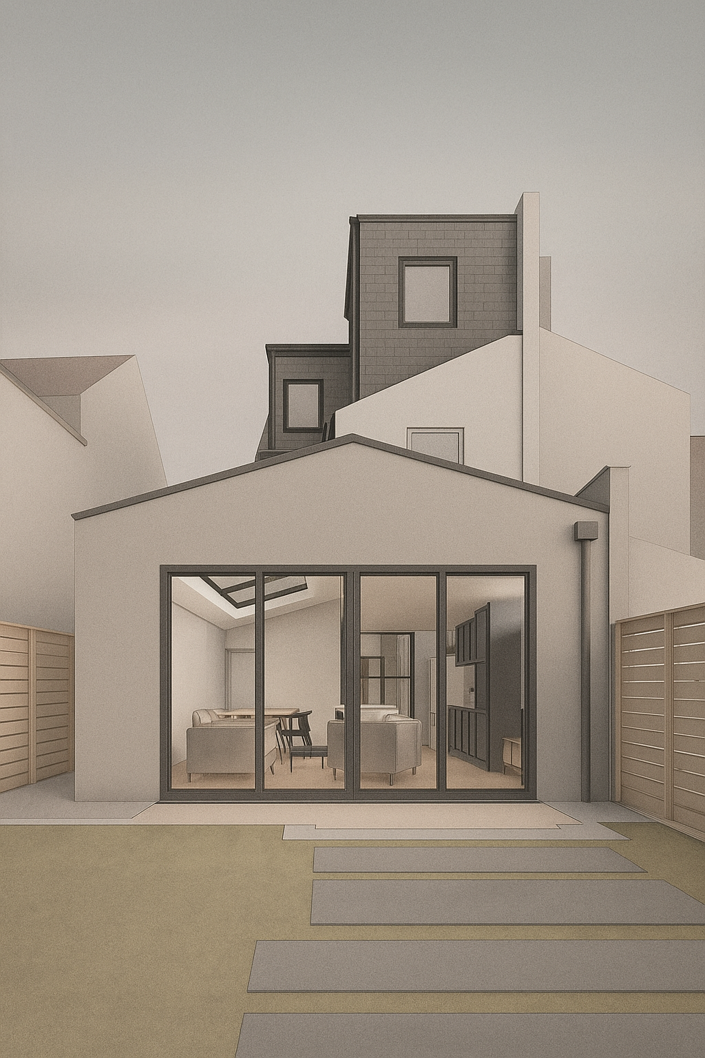 Visualisation of a rear extension and loft conversion in Bromley, South East London, with a white-rendered gable and dark-clad dormer.