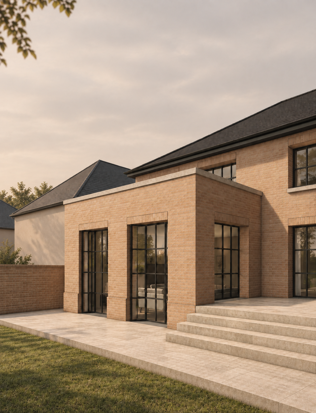 Angled visualisation of the single-storey rear extension at Northwood House, showing tall glazing and broad steps down to the garden.