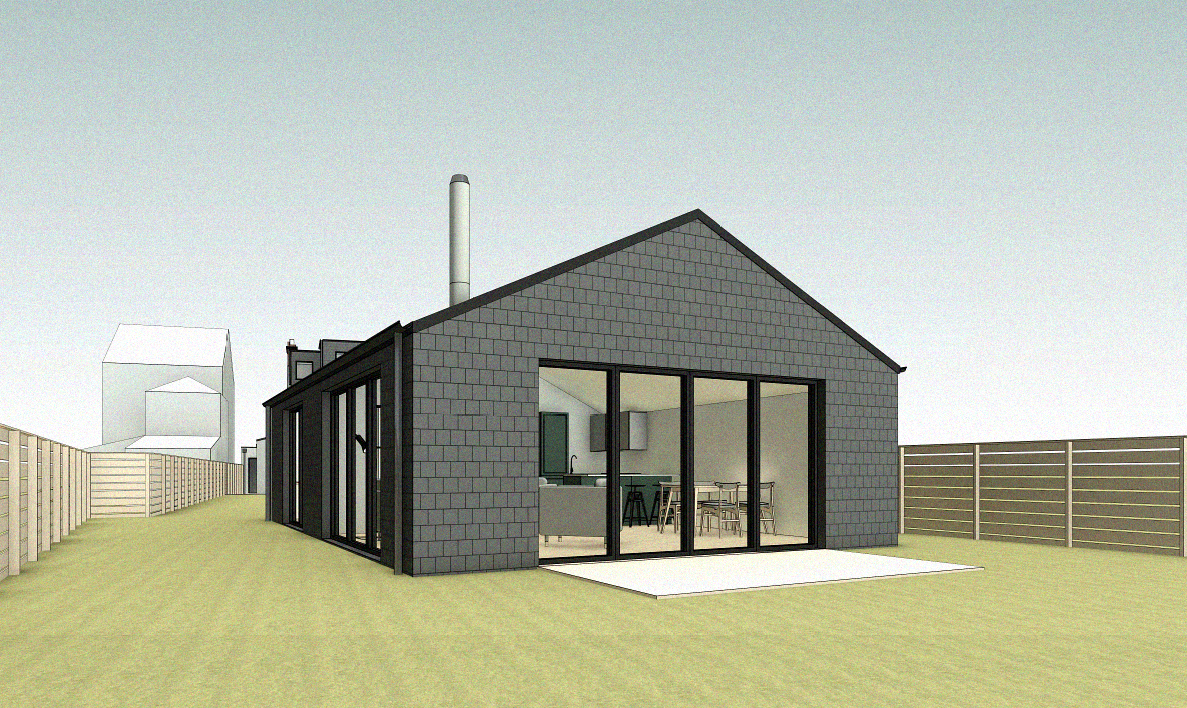 Garden studio visualisation at Bromley House, showing wide black-framed glazed doors, grey tile cladding and a small paved terrace.