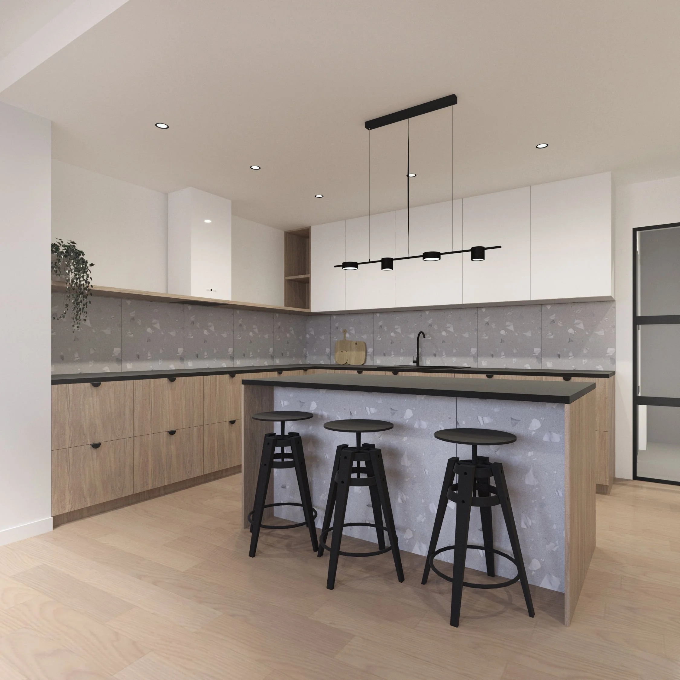 Kitchen visualisation at Ilford House, with timber and white cabinetry, a grey terrazzo splashback and a breakfast bar with black stools.