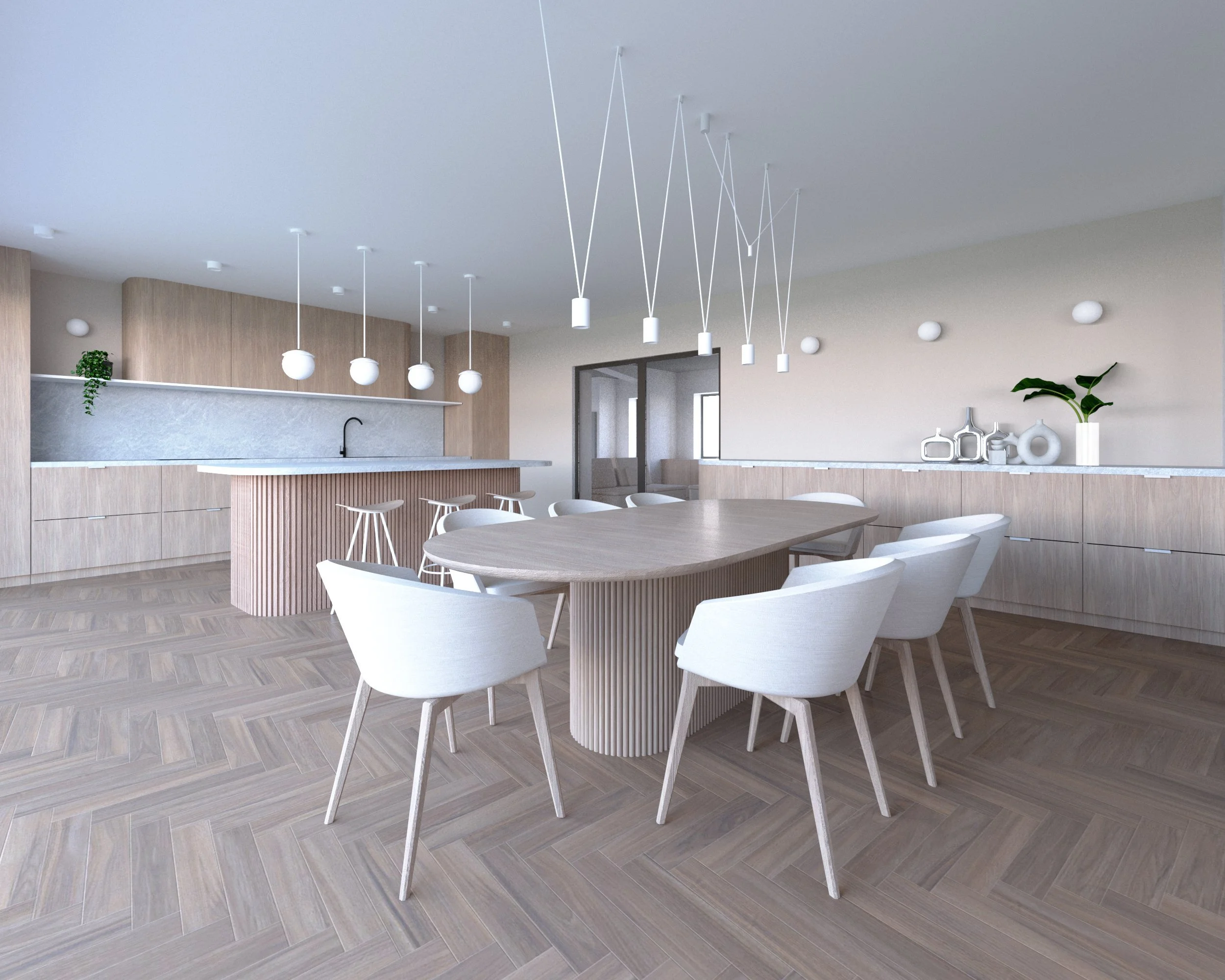 Open-plan kitchen and dining visualisation at Wimbledon House, with an oval timber table, white chairs, pendant lights and herringbone flooring.
