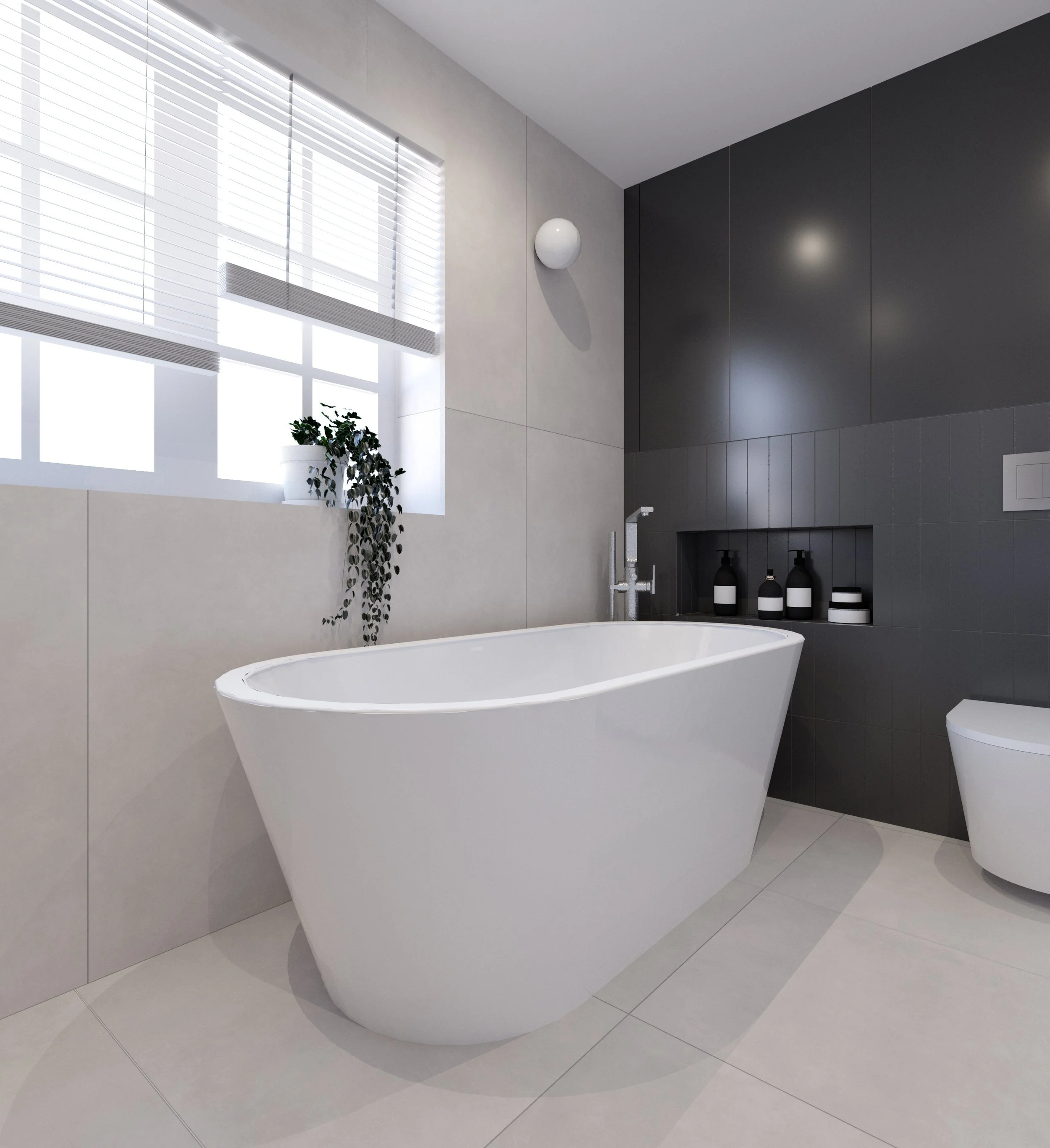 Bathroom visualisation at St Albans Garden House, showing a freestanding bath beneath a window and a dark tiled wall with a recessed shelf.