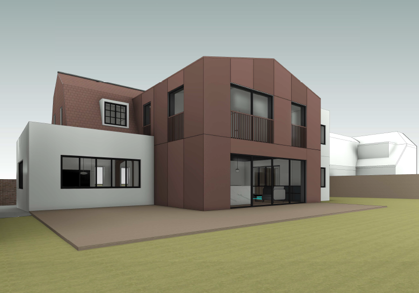 Visualisation of a two-storey rear extension in Wimbledon, London, with reddish-brown render panels and large sliding glass doors.