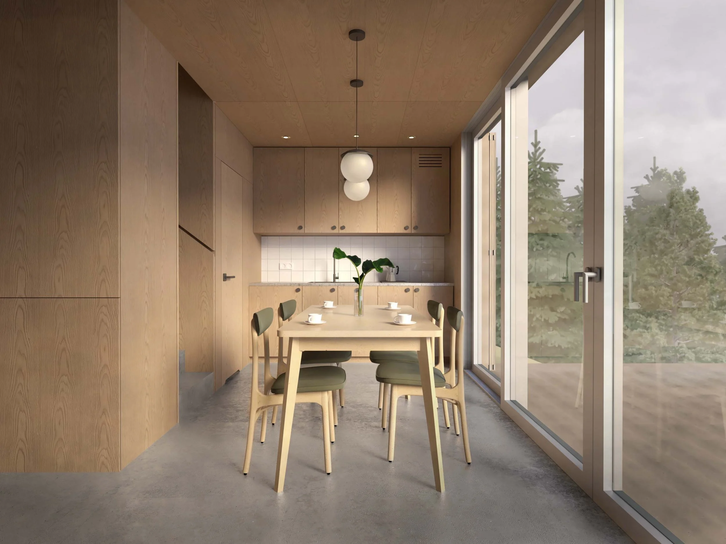 Kitchen and dining visualisation at Northumberland House, with timber cabinetry, green dining chairs and full-height glazed doors to the deck.