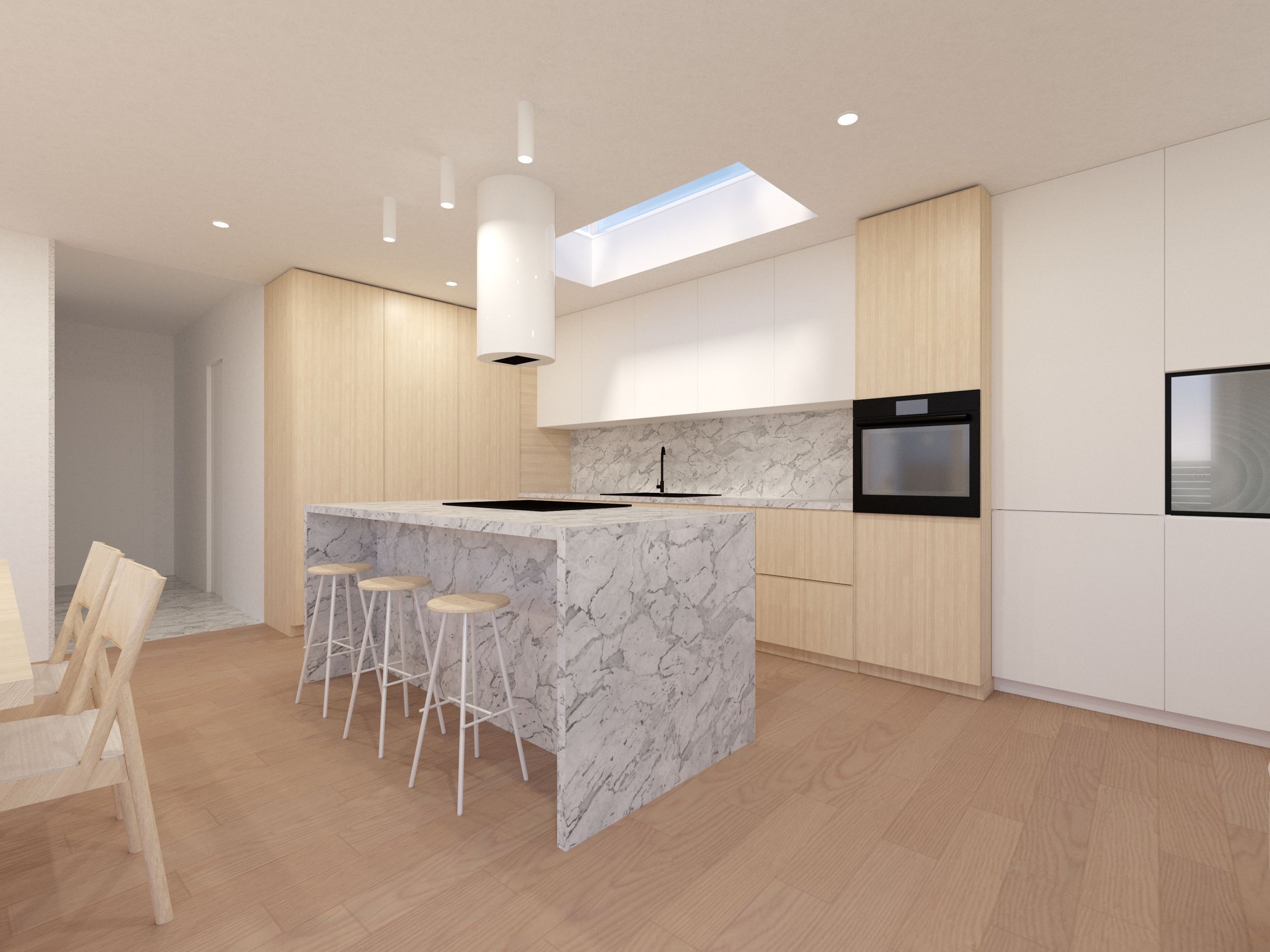 Kitchen visualisation at Sydenham House, with pale timber cabinetry, a white island with grey veining, bar stools and a rooflight.