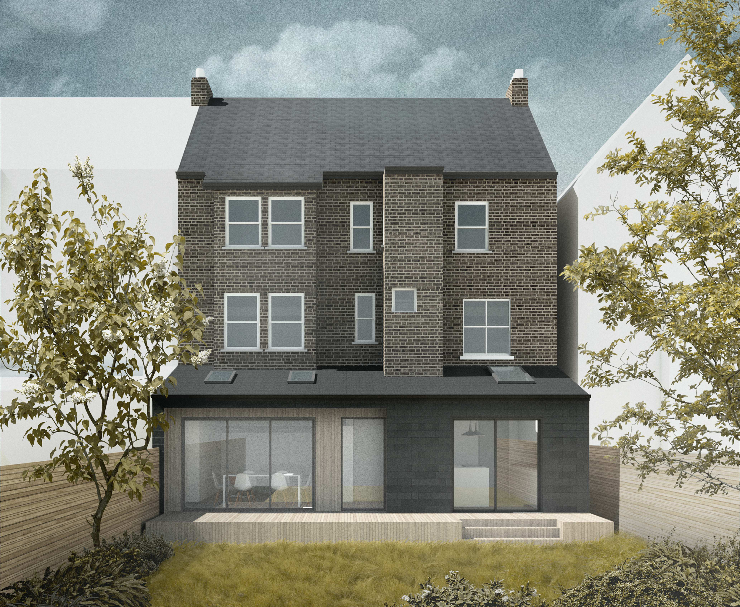 Concept visualisation of a rear extension in Norwood, South East London, with dark brickwork, timber-framed glazing and a stepped garden terrace.