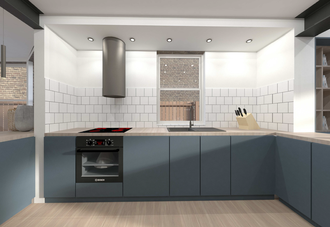 Kitchen visualisation at Lewisham House, with blue-grey base cabinets, white tiled splashbacks, a narrow window and a cylindrical extractor.